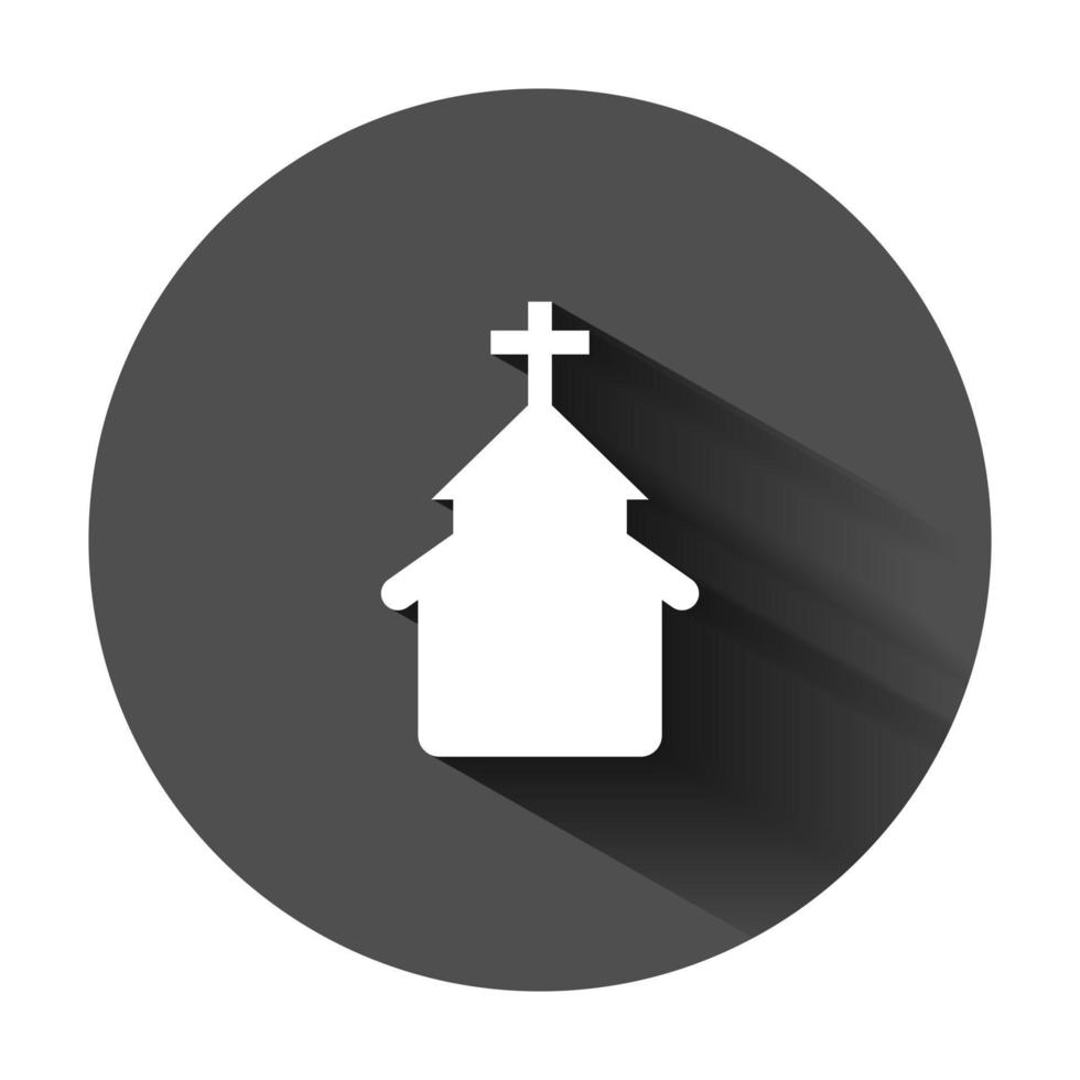 kyrka ikon i platt stil. kapell vektor illustration på svart runda bakgrund med lång skugga. religiös byggnad företag begrepp.