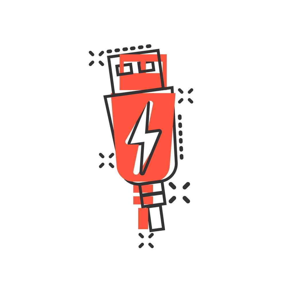 USB-Kabel-Symbol im Comic-Stil. vektor-karikaturillustration des elektrischen ladegeräts auf weißem lokalisiertem hintergrund. Geschäftskonzept mit Splash-Effekt für den Batterieadapter. vektor