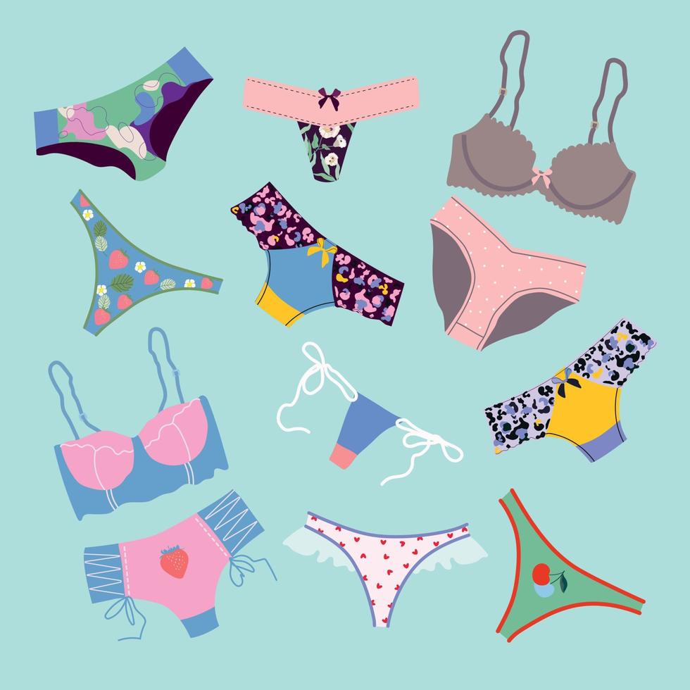 modisch weiblich Unterwäsche, Dessous Satz. Höschen, Bikinis und BHs. modern Hand gezeichnet bunt Sammlung von Damen Unterwäsche. schön Muster Riemen und Spitze BHs. Sinnlichkeit und Weiblichkeit Konzept. vektor