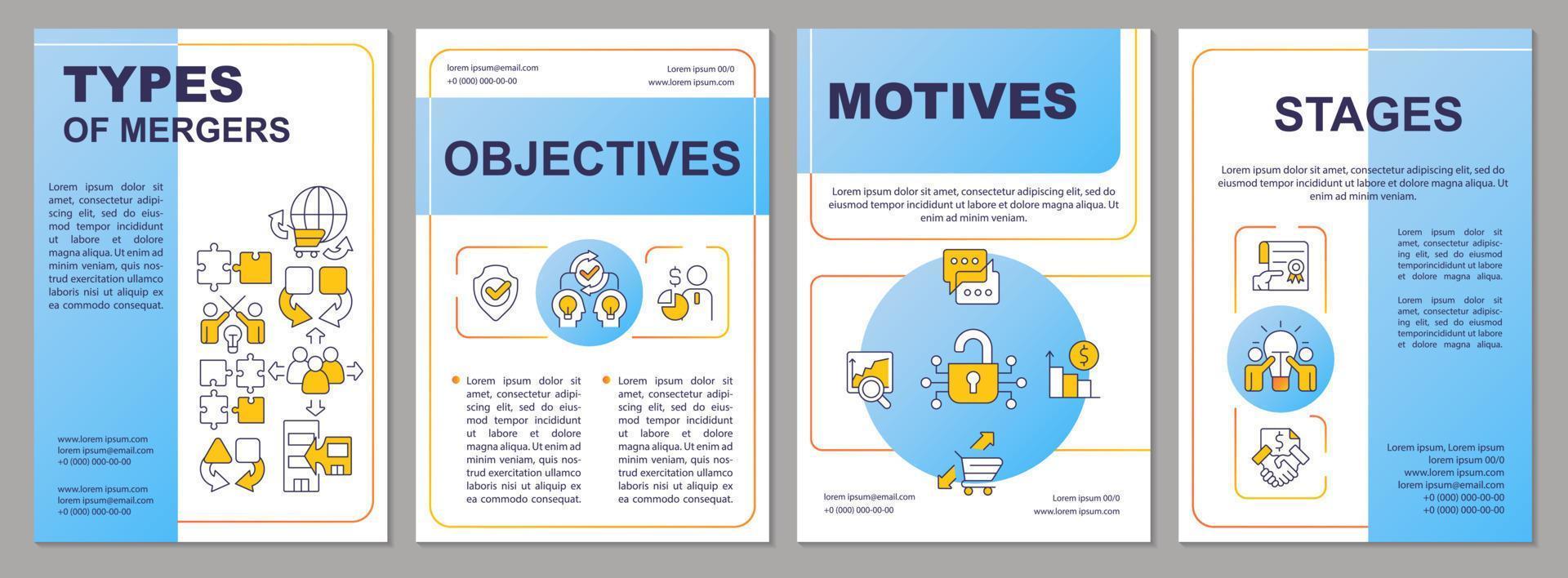 Geschäft Zusammenschluss Prozesse Blau Broschüre Vorlage. Integration. Flugblatt Design mit linear Symbole. editierbar 4 Vektor Layouts zum Präsentation, jährlich Berichte