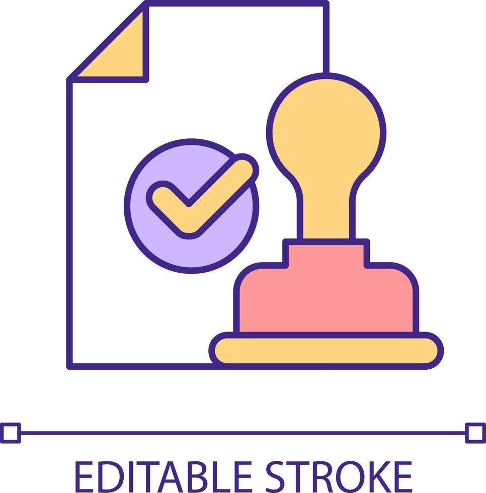 godkänd dokumentera med auktoriserad stämpel rgb Färg ikon. bevis av identitet. erhållande licens. Rättslig avtal. isolerat vektor illustration. enkel fylld linje teckning. redigerbar stroke