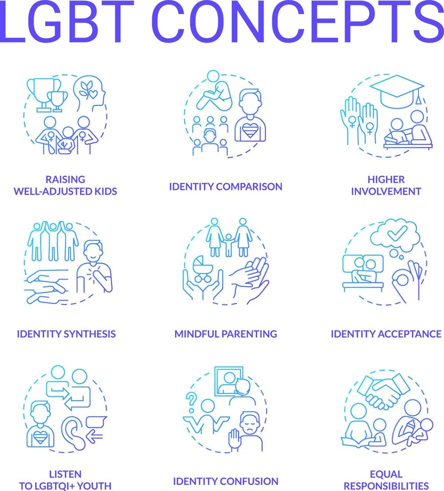 lgbt Blau Gradient Konzept Symbole Satz. Kultur und Bewegung. Geschlecht und Identität. lgbtq Gemeinschaft Idee dünn Linie Farbe Illustrationen. isoliert Symbole vektor