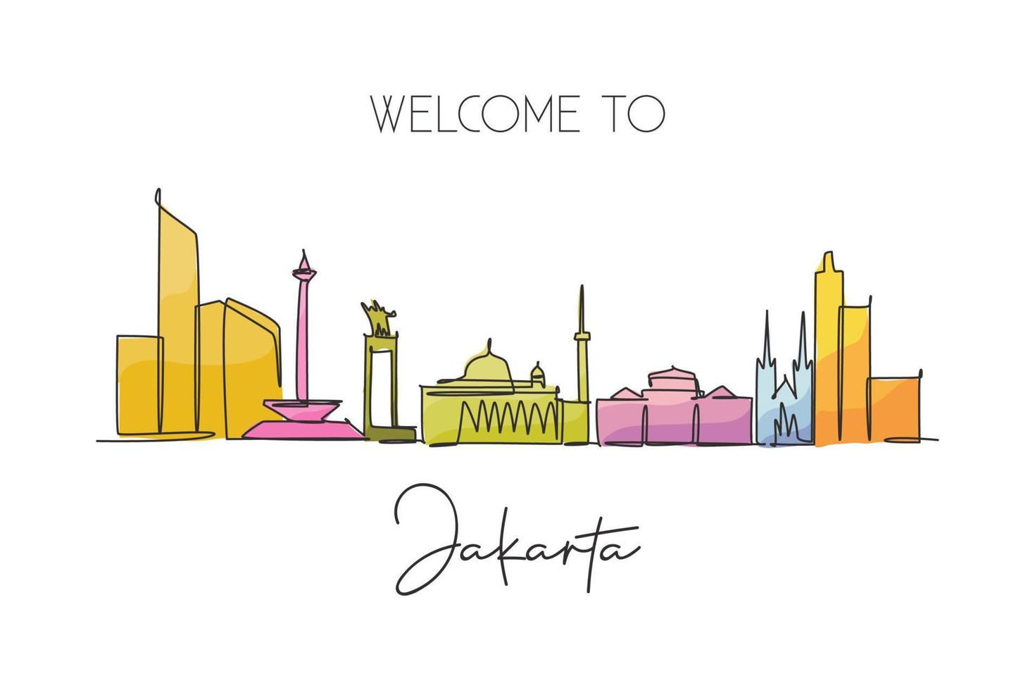 einzelne durchgehende linienzeichnung der skyline von jakarta, indonesien. berühmte Stadtkratzerlandschaft. World Travel Concept Home Wanddekoration Posterdruck Kunst. moderne einzeilige abgehobene betragsdesign-vektorillustration vektor