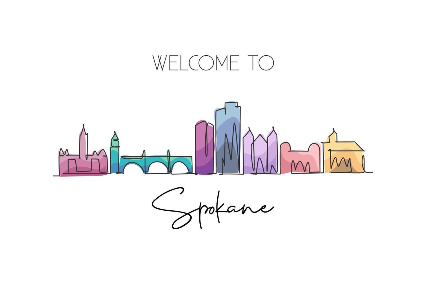 einzelne durchgehende linienzeichnung der skyline von spokane, washington. berühmte Kratzlandschaft. Weltreise nach Hause Wanddekor Kunstplakat Druckkonzept. moderne einzeilige abgehobene betragsdesign-vektorillustration vektor