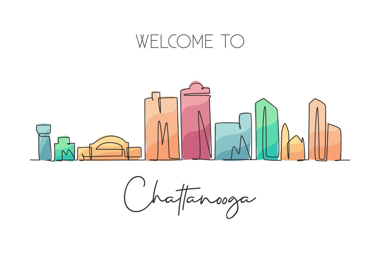 Eine einzige Linie, die die Skyline der Stadt Chattanooga, Tennessee, zeichnet. welthistorische Stadtlandschaft. beste Urlaubszielpostkarte. Bearbeitbarer Strich trendige durchgehende Linie zeichnen Design-Vektor-Illustration vektor