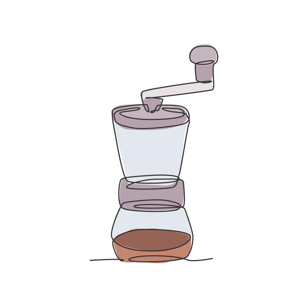 eine durchgehende Strichzeichnung des Logo-Emblems einer handlichen Kaffeemühle aus Holz. altes klassisches kaffeemühlenlogoschablonenkonzept. moderne einzeilige zeichnen kaffeestube design vektorillustration vektor
