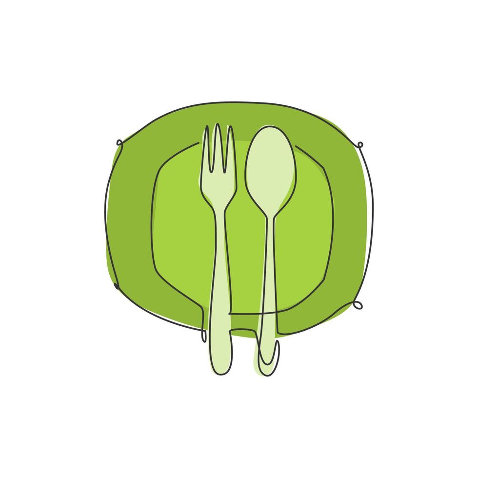 en enda linjeritning av tallrik, gaffel och sked för restauranglogotyp vektorgrafisk illustration. lyxigt café badge koncept. modern kontinuerlig linjeritning design street food logotyp vektor