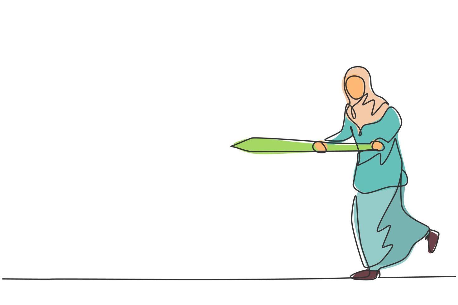 kontinuerlig en linje ritning unga arabiska kvinnliga arbetare kör medan du håller svärd för att träffa målet. framgång affärschef minimalistisk koncept. enkel linje rita design vektor grafisk illustration