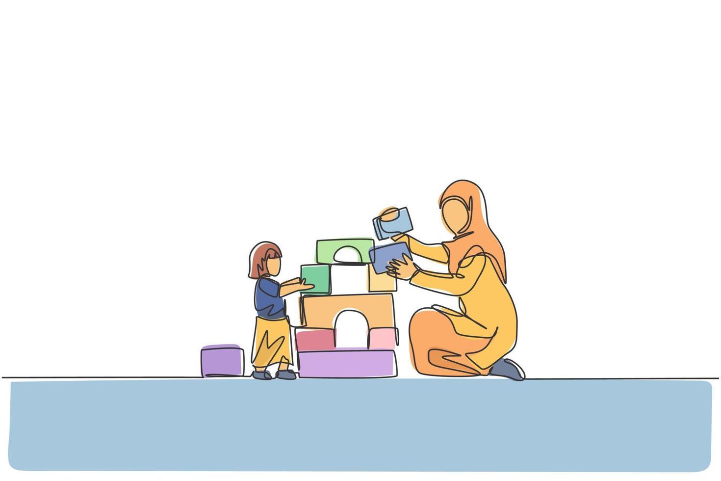 enda kontinuerlig linje ritning av ung islamisk mamma som spelar block skum tegel hus med dotter hemma, lyckligt föräldraskap. arabiska familjeomsorg koncept. trendig en linje rita design vektor illustration