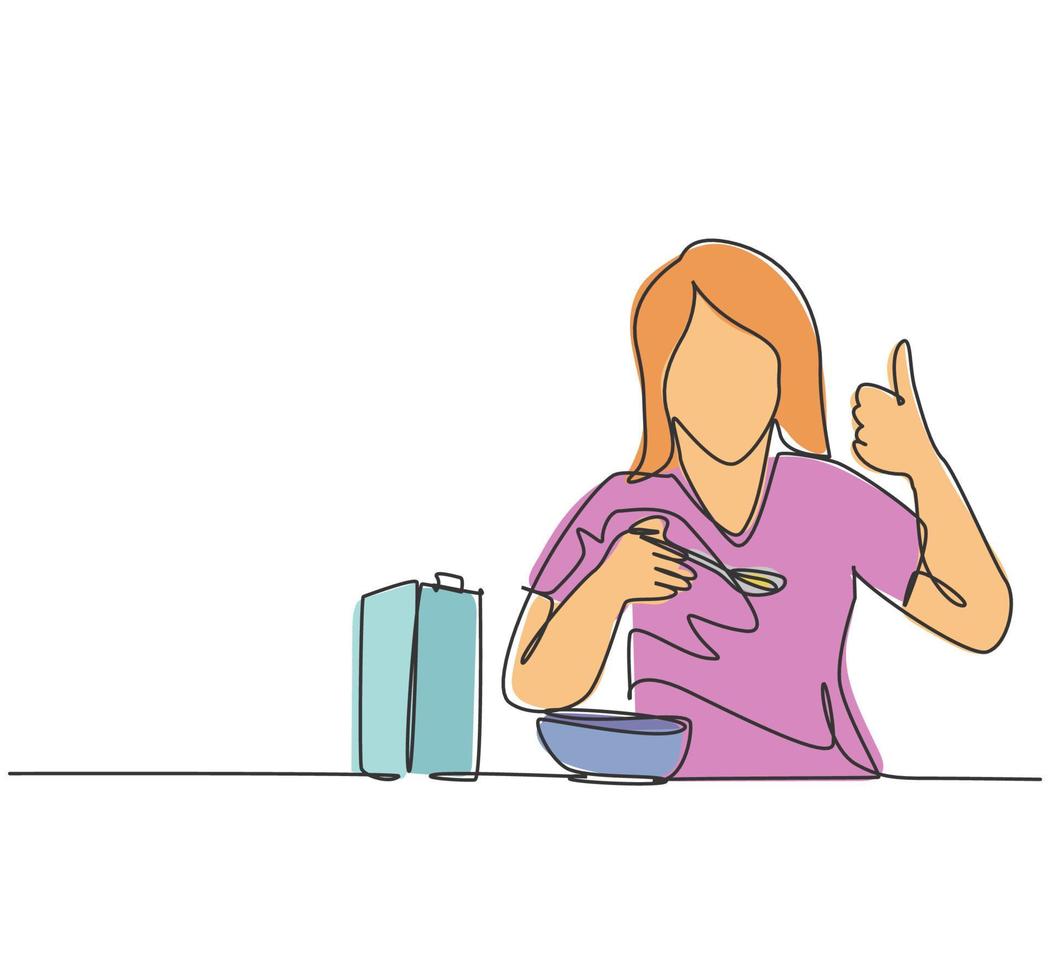 en radritning av ung glad kvinna som äter frukost med spannmål och mjölk och ger tummen upp. hälsosam kost mat koncept. kontinuerlig linje rita design vektor grafisk illustration