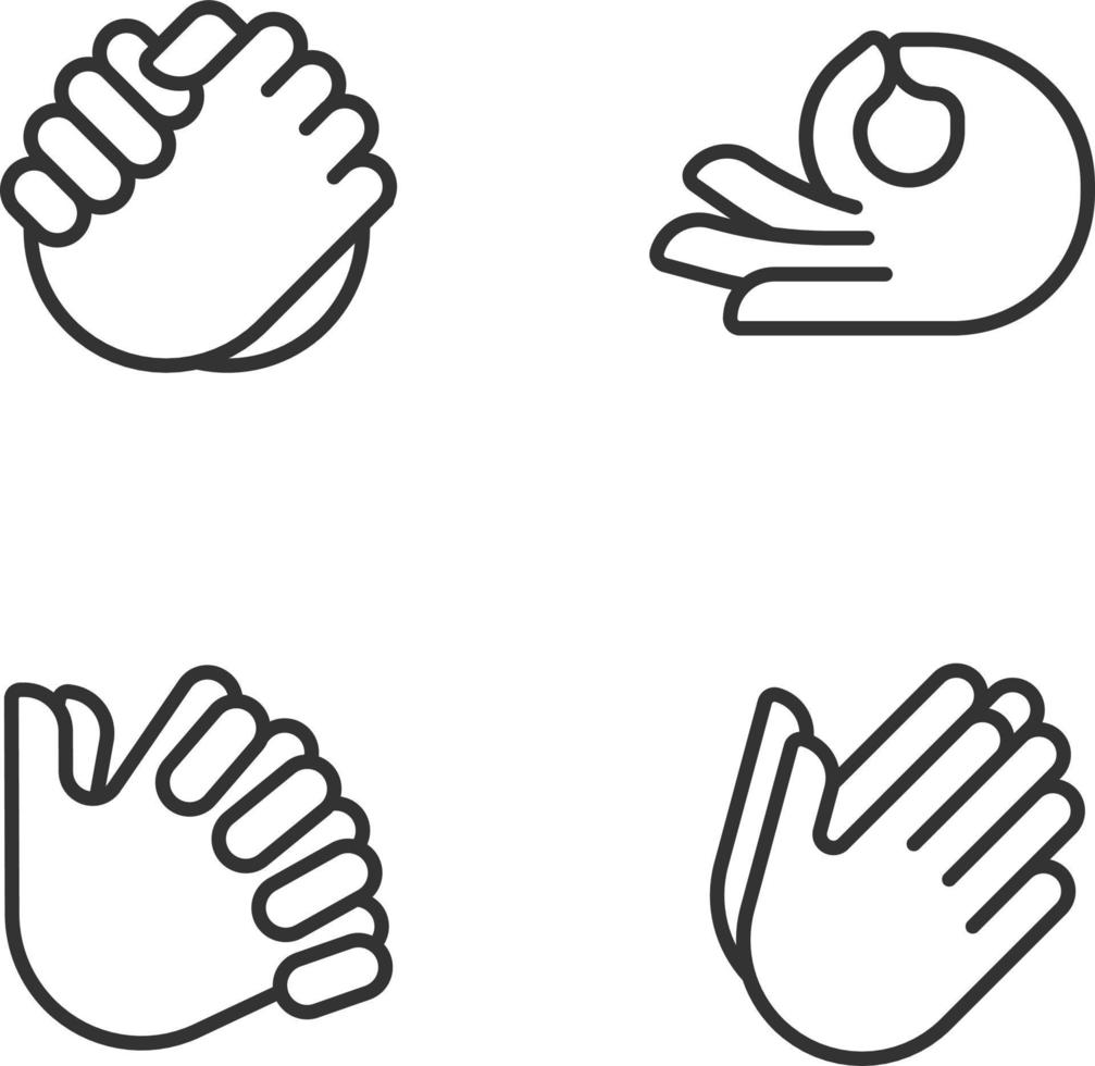 Gesten Kommunikation Pixel perfekt linear Symbole Satz. Hand Position Signale. Ausdruck und Gruß. anpassbar dünn Linie Symbole. isoliert Vektor Gliederung Illustrationen. editierbar Schlaganfall