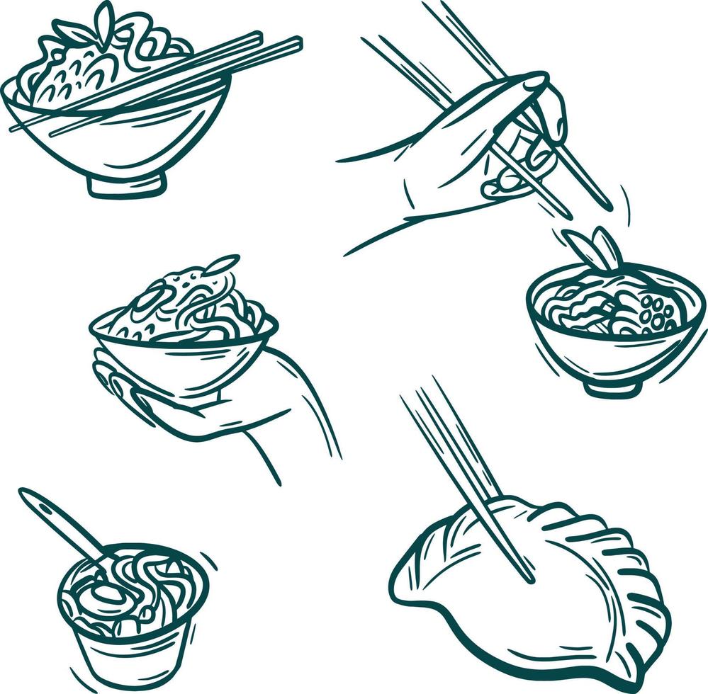 asiatisk mat samling klämma konst. Ramen, Jiaozi och hand innehav ätpinnar vektor