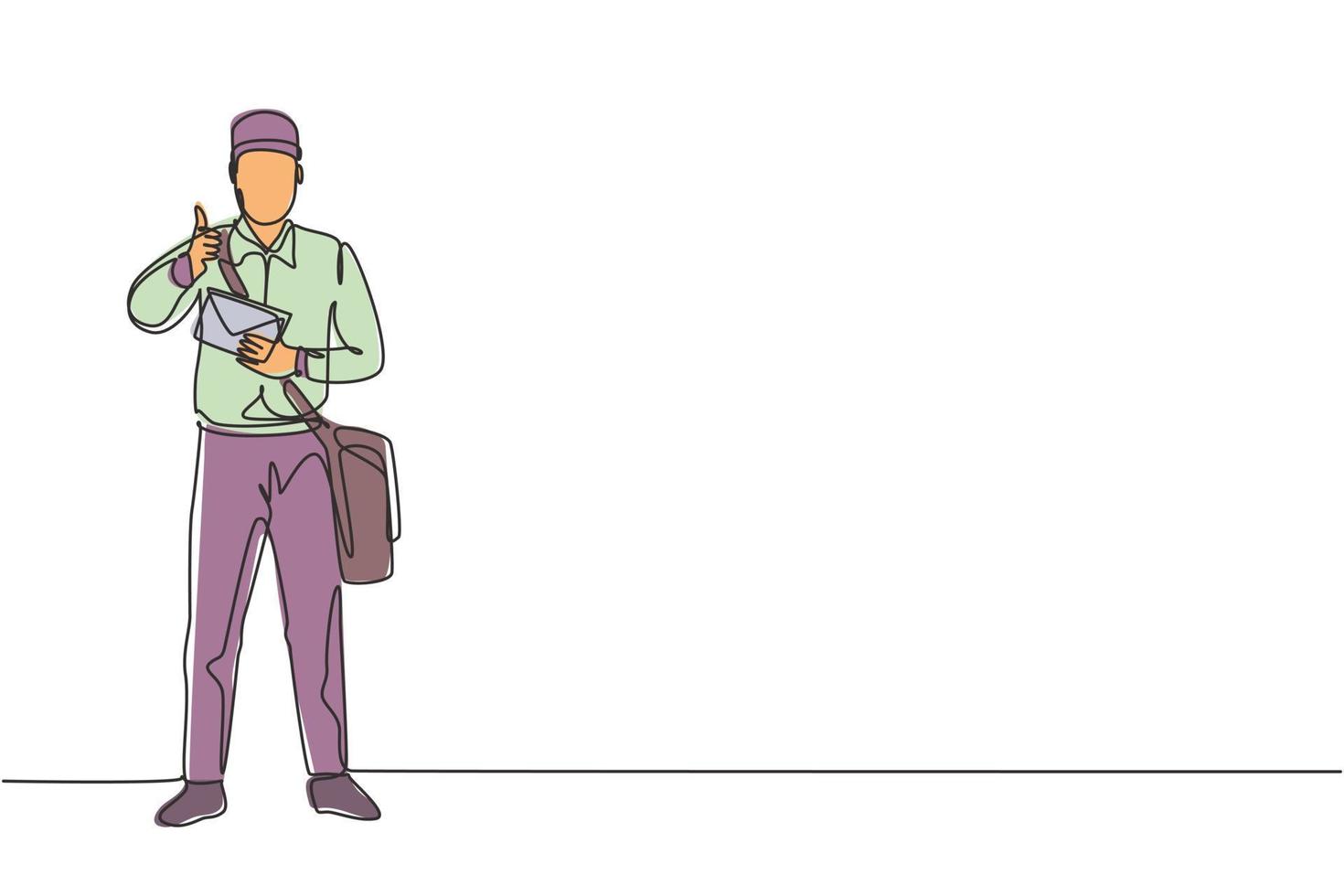 enda enradsteckning av brevbärare som står i en hatt, väska, uniform, håller ett kuvert och med en tummen upp gest som levererar post till hemadress. kontinuerlig linje rita design grafisk illustration. vektor