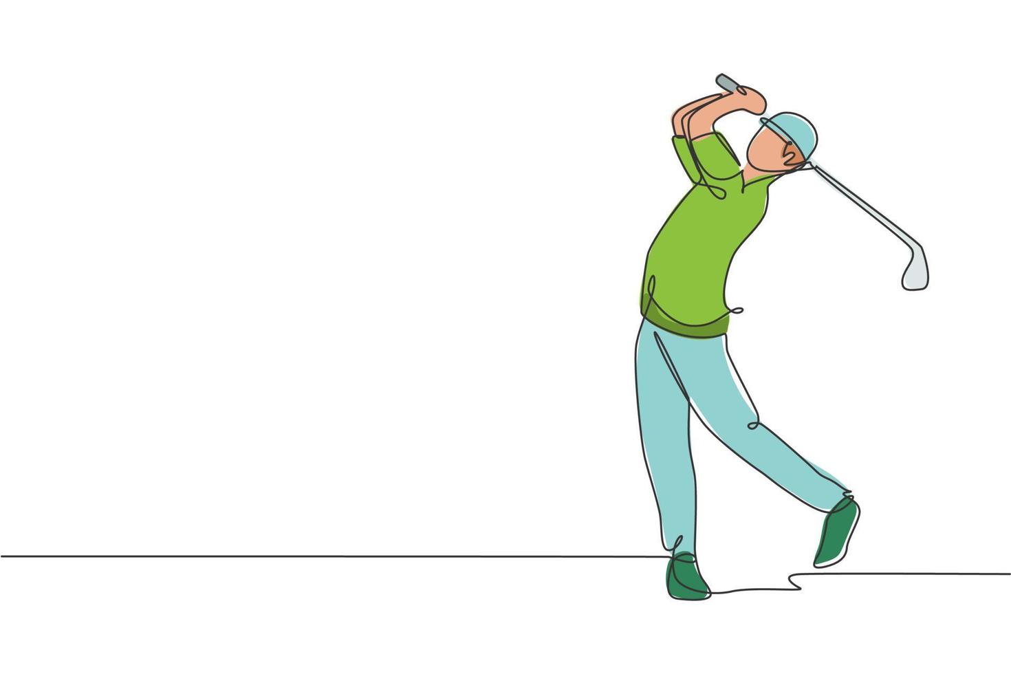 Eine einzige Strichzeichnung eines jungen sportlichen Golfspielers schlug den Ball mit einer grafischen Vektorillustration des Golfschlägers. gesundes sportkonzept. modernes Design mit durchgehender Linie für Golfturnier-Poster vektor