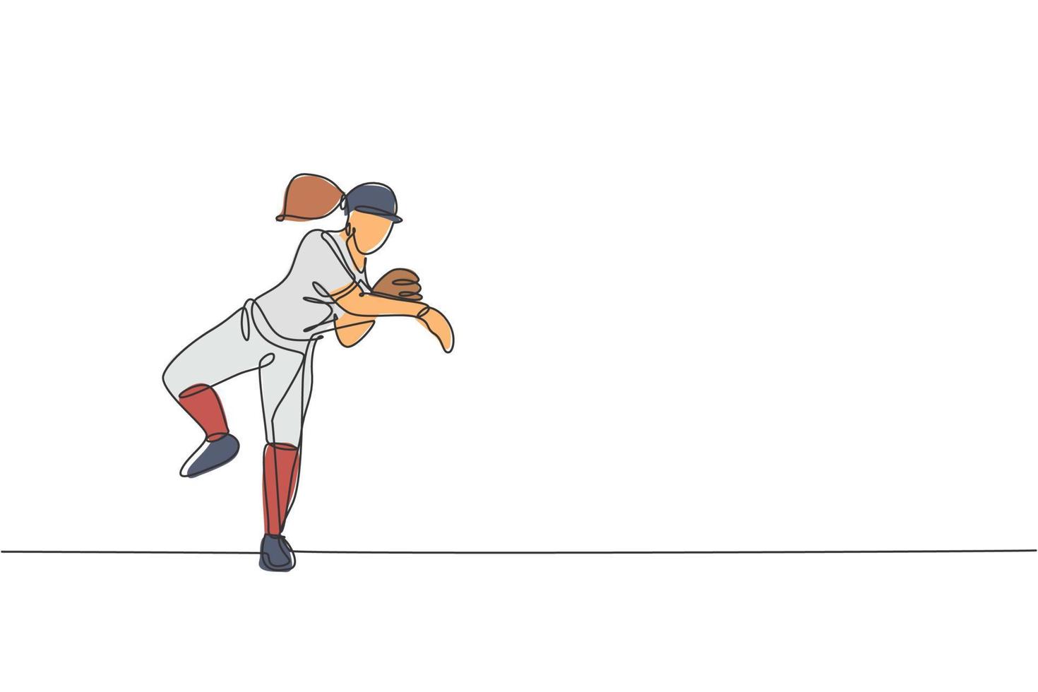 en enda linjeteckning av ung energisk kvinna baseballspelare praxis kasta bollen vektorillustration. sport träning koncept. modern kontinuerlig linje ritning design för baseball turnering banner vektor