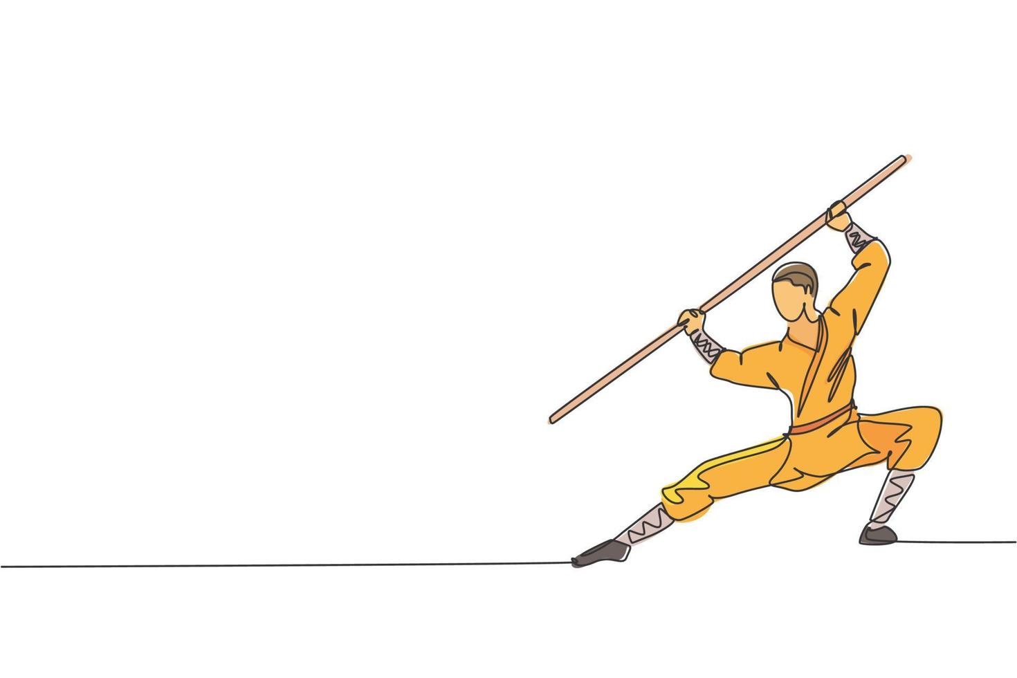 Eine durchgehende Linie zeichnet einen jungen Shaolin-Mönch, der Kung Fu mit langem Stab auf dem Tempelboden praktiziert. traditionelles chinesisches kampfsportkonzept. grafische Vektorillustration des einzeiligen Zeichnens des Designs vektor