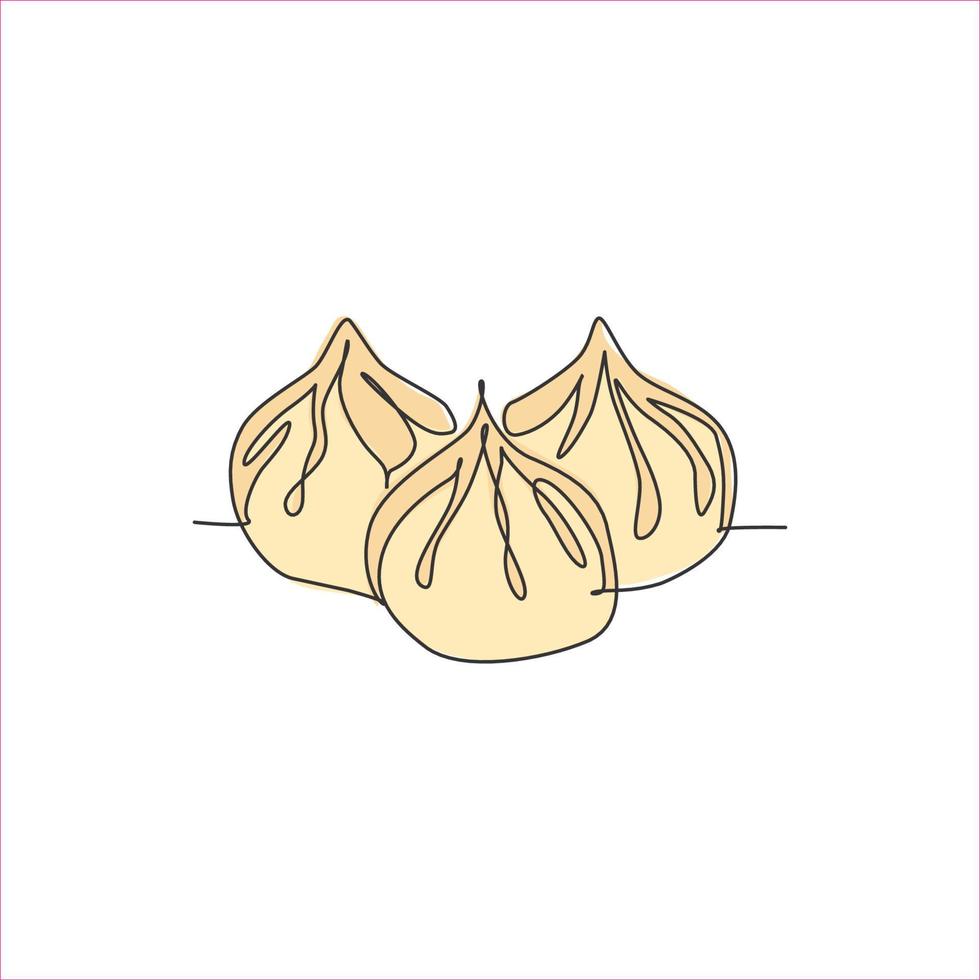 enda kontinuerlig linjeritning av stiliserad kinesisk dumpling-logotypetikett. asiatisk mantou restaurang grafiskt koncept. modern en rad ritning design vektorillustration för café, butik eller mat leveransservice vektor