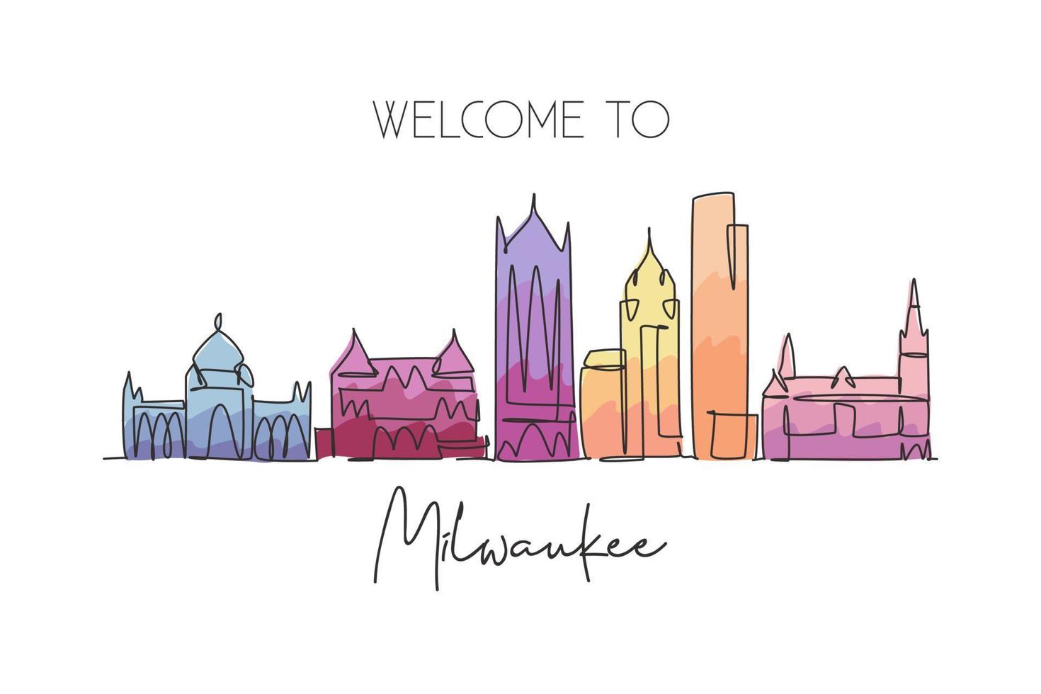 eine einzige strichzeichnung der skyline von milwaukee, usa. historische Stadtlandschaft. bestes Urlaubsziel Zuhause Wanddekoration Posterdruck Kunst. trendige Design-Vektorillustration mit durchgehender Linie vektor