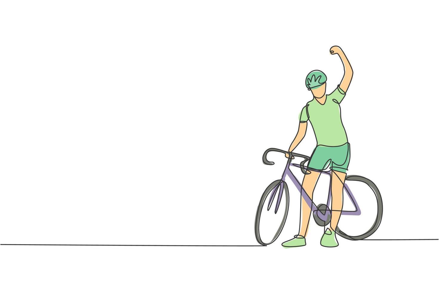 eine einzige Strichzeichnung eines jungen, energischen Radrennfahrers, der nach dem Zielrennen die Hand hebt. Rennradfahrer-Konzept-Vektor-Illustration. modernes Design mit durchgehender Linie für das Banner des Radsportturniers vektor