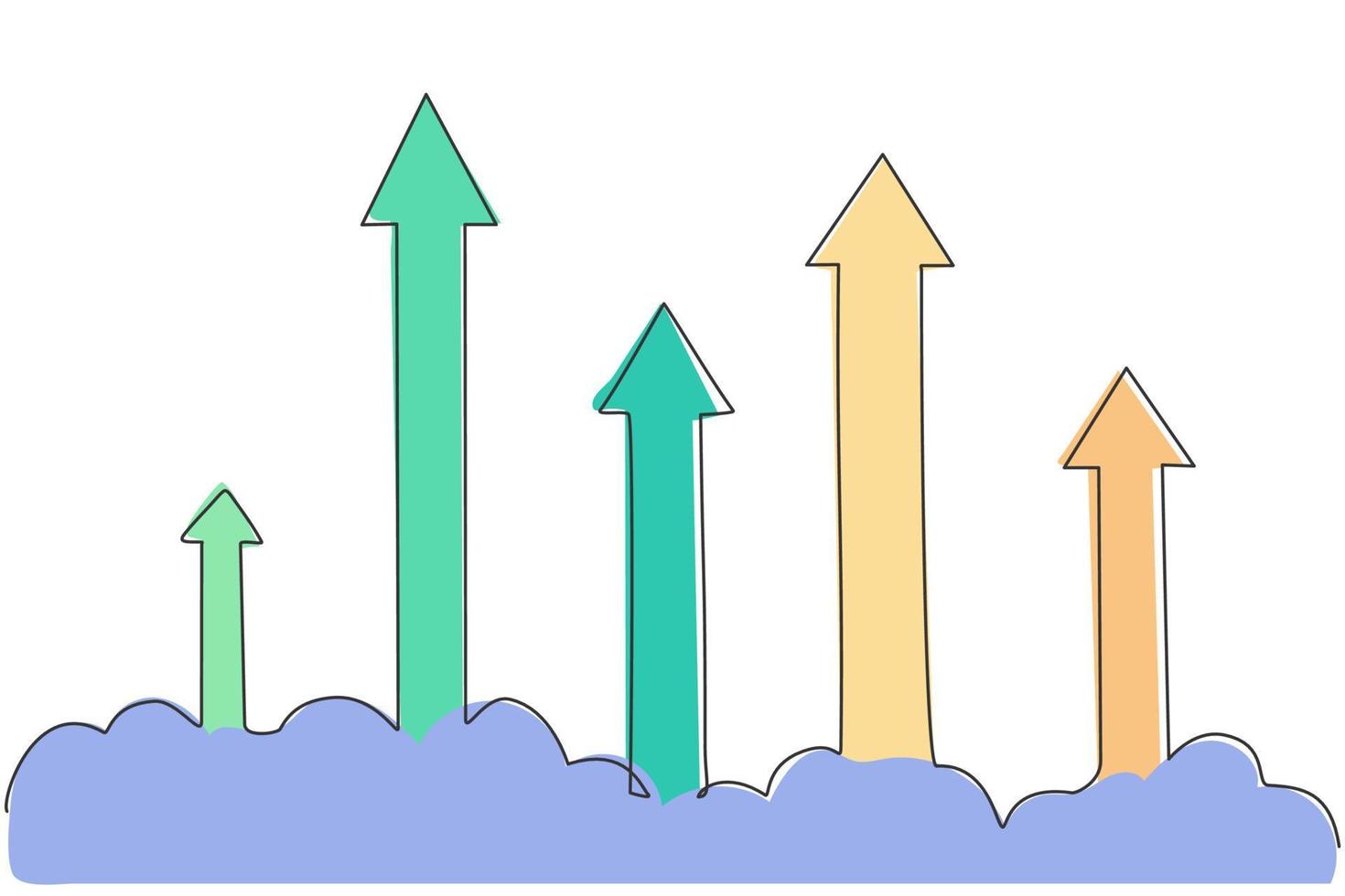 Kontinuierliche einzeilige Zeichnung von fliegenden aufsteigenden Pfeilen nach oben Zeichen auf Wolke durch den Himmel. Erfolg Business Sales Graph minimalistisches Konzept. trendige Single-Line-Draw-Design-Vektorgrafik-Illustration vektor