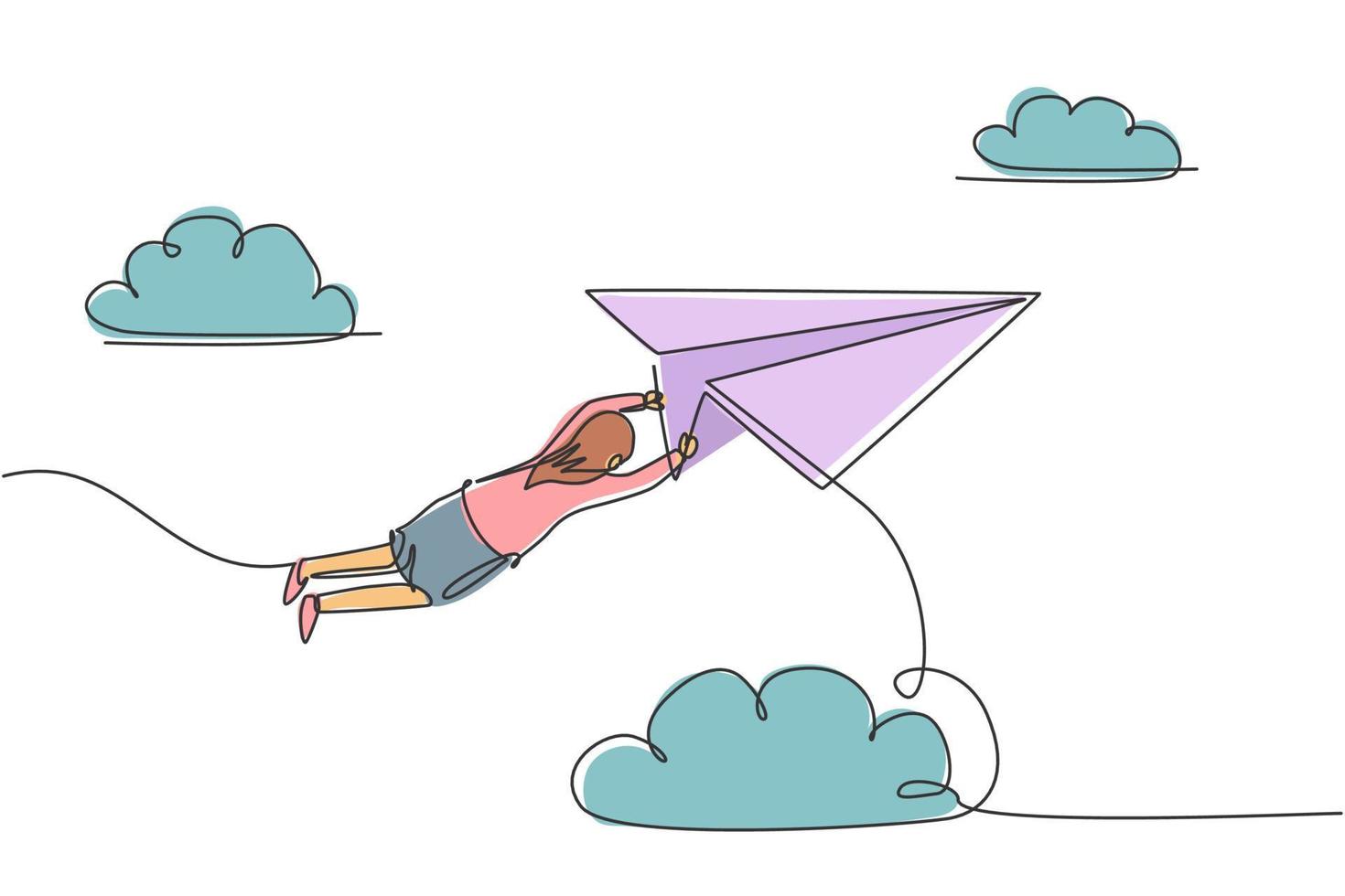 kontinuerlig en linje ritning av ung kvinnlig arbetare som hänger på flygande pappersplan. framgång affärschef. metafor minimalistiskt koncept. trendig enkel linje rita design vektor grafisk illustration