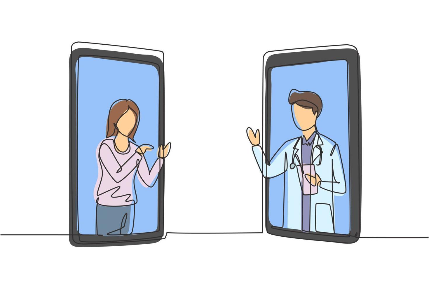 Eine einzige Linie, die Hijab-Ärztin zeichnet, kommt aus dem Smartphone-Bildschirm, während sie die Geste mit dem Daumen nach oben macht. medizinische Online-Beratung. moderne durchgehende Linie zeichnen Design-Grafik-Vektor-Illustration vektor