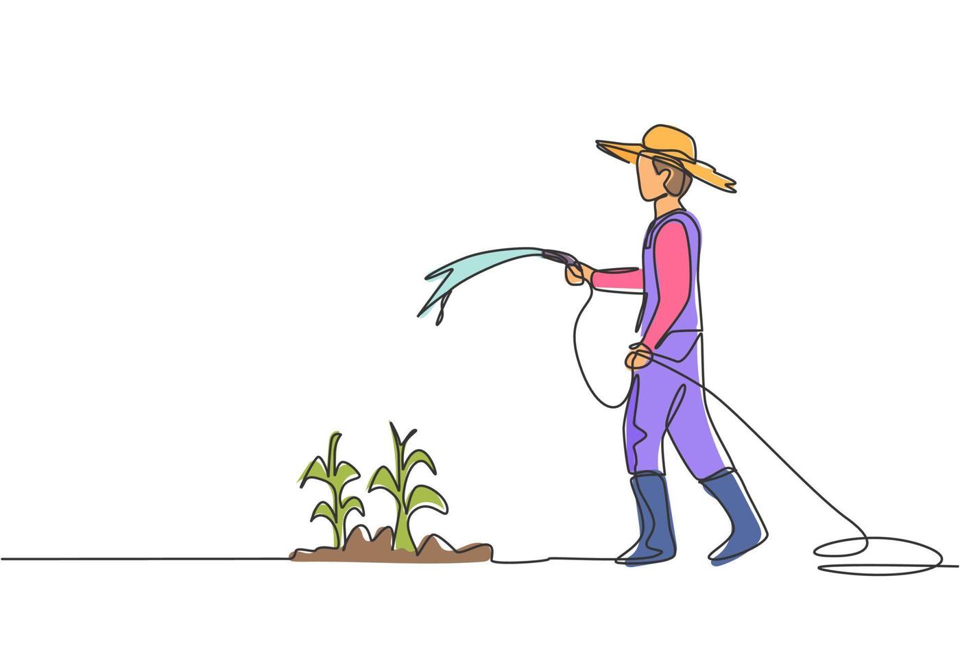 enda kontinuerlig linjeteckning ung manlig bonde som står på gården medan han vattnar växterna med en slang. jordbrukare plantering aktiviteter koncept. en linje rita grafisk design vektor illustration.