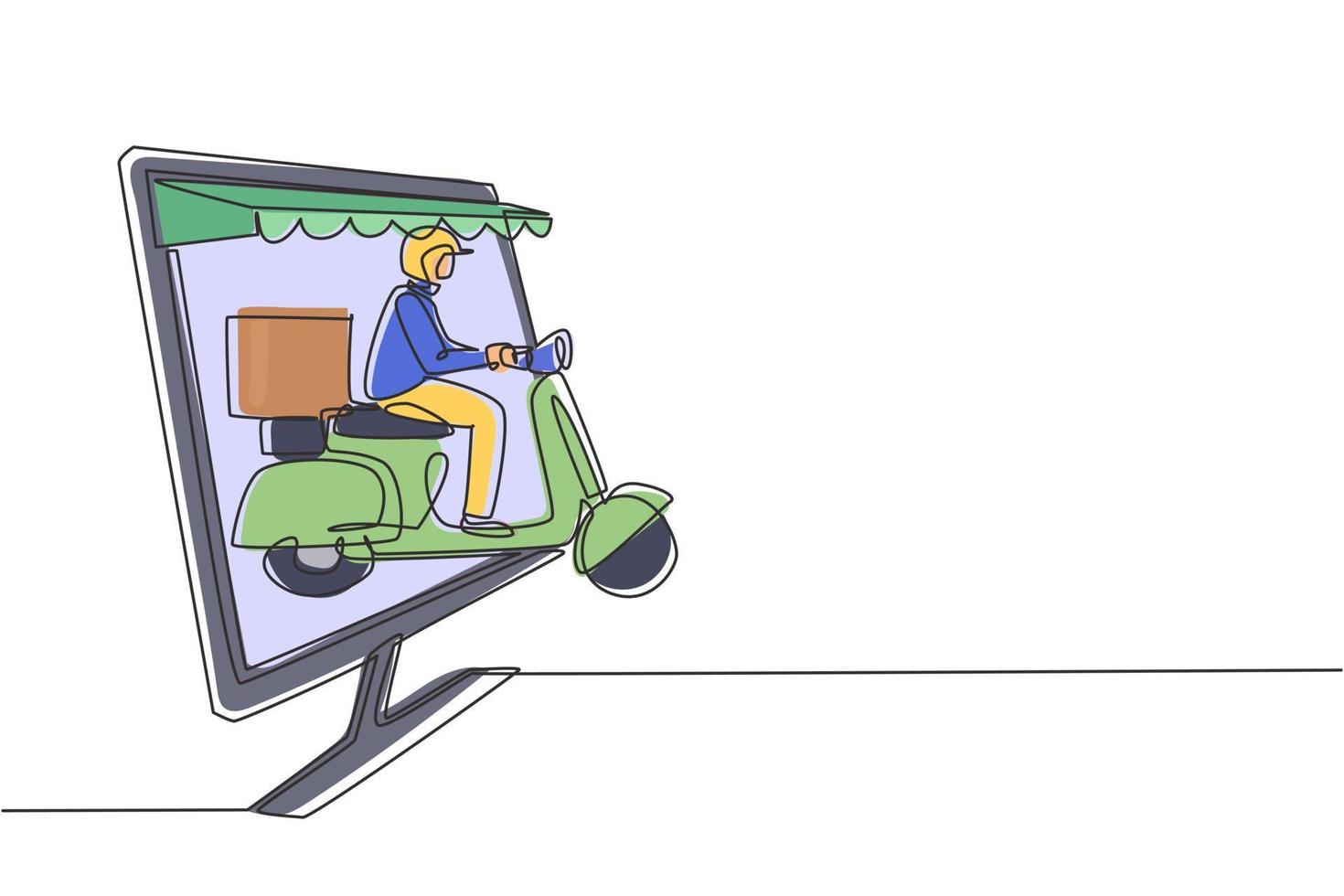 Single One-Line-Zeichnung Kurier-Fahrtroller mit Paketbox aus riesigem Bildschirm mit Baldachin. Online-Lieferservice. moderne durchgehende Linie zeichnen Design-Grafik-Vektor-Illustration vektor