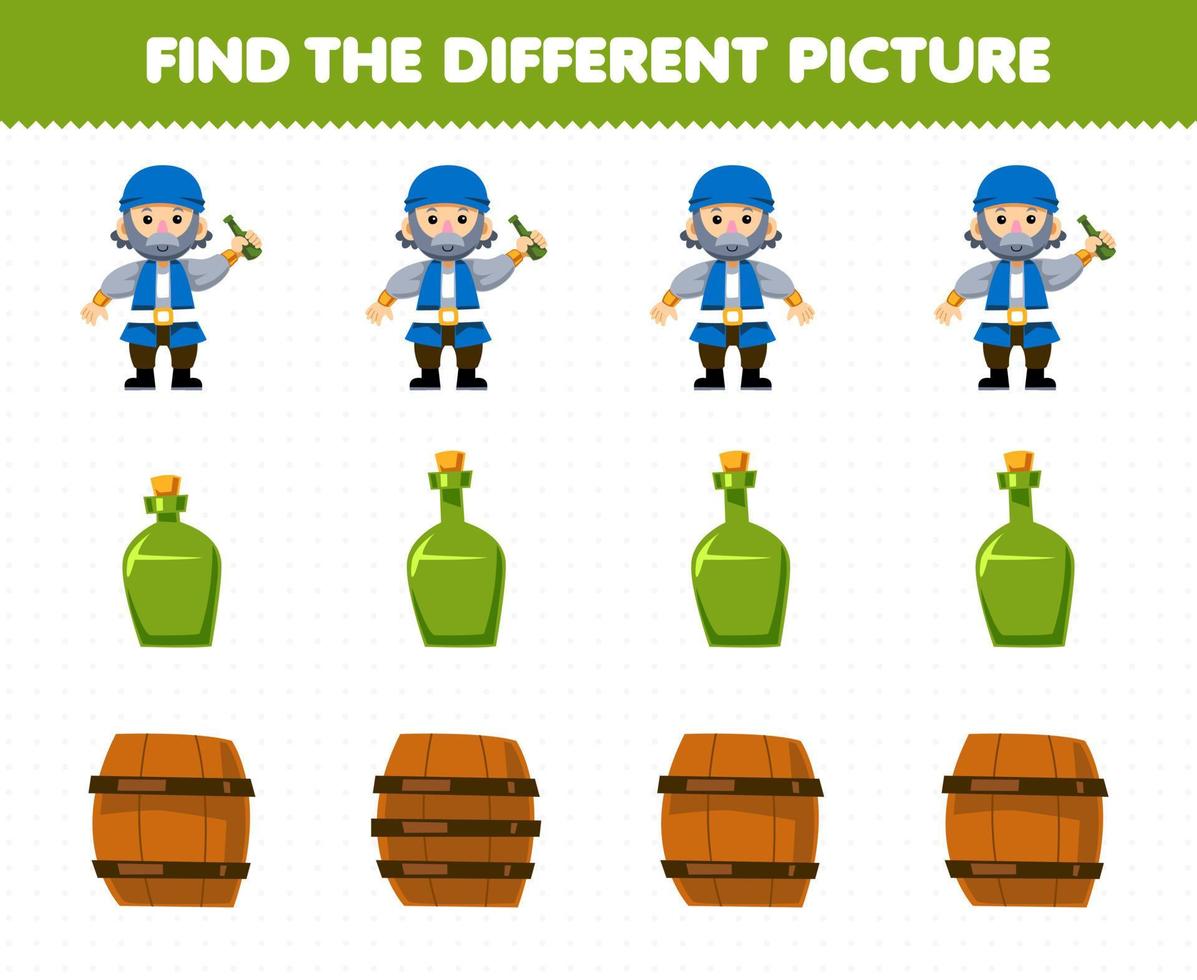 utbildning spel för barn hitta de annorlunda bild i varje rad av söt tecknad serie gammal man flaska och tunna tryckbar pirat kalkylblad vektor