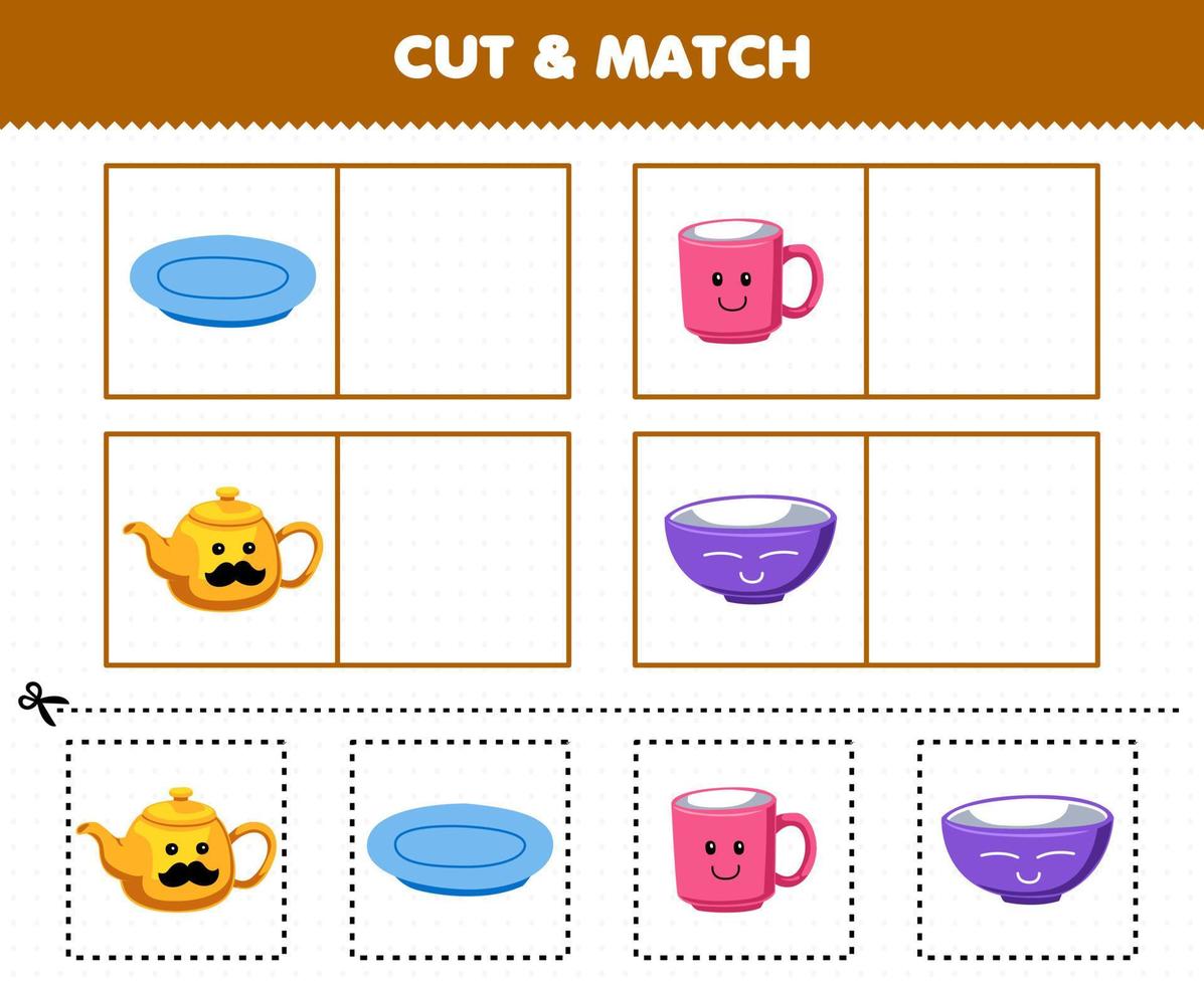 utbildning spel för barn skära och match de samma bild av söt tecknad serie tekanna tallrik råna skål tryckbar verktyg kalkylblad vektor