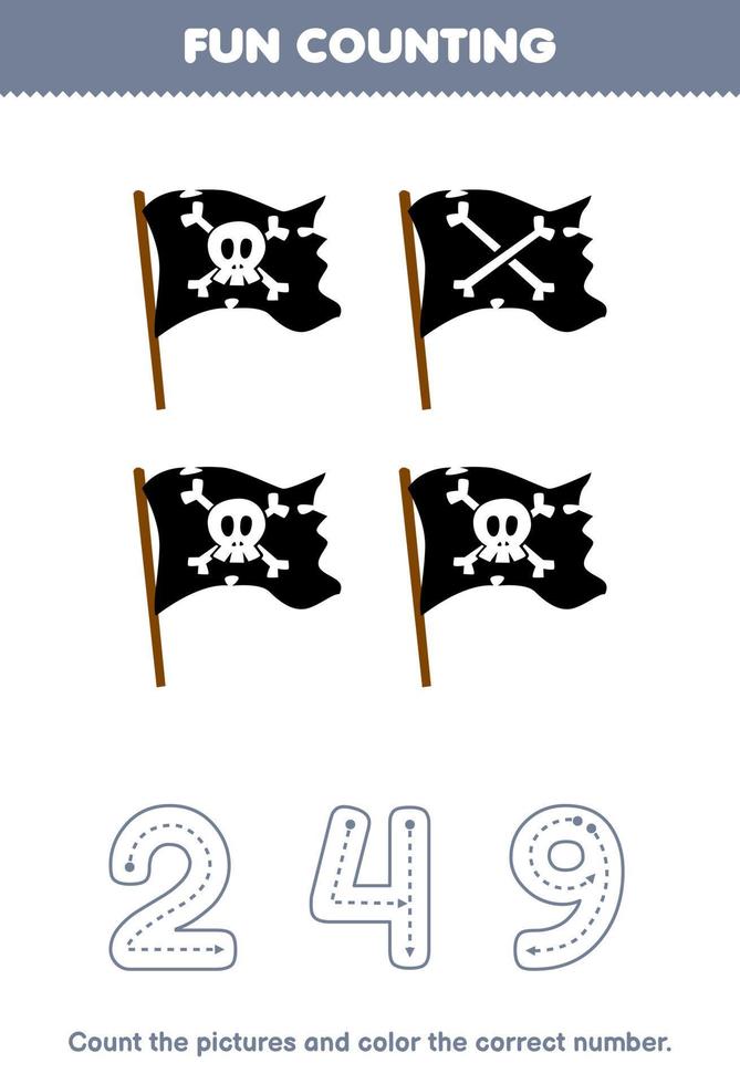 Bildung Spiel zum Kinder Anzahl das Bilder und Farbe das richtig Nummer von süß Karikatur Flagge druckbar Pirat Arbeitsblatt vektor