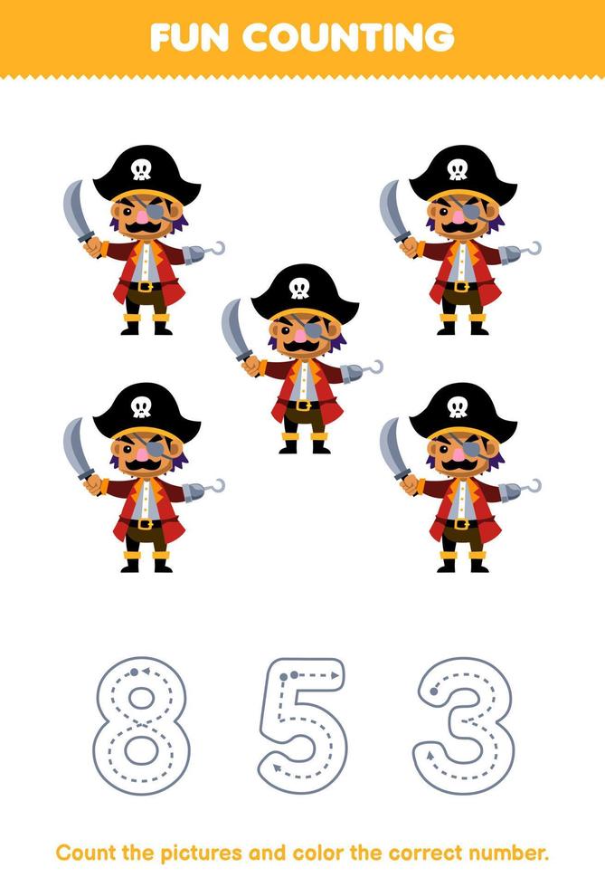 Bildung Spiel zum Kinder Anzahl das Bilder und Farbe das richtig Nummer von süß Karikatur Kapitän Charakter druckbar Pirat Arbeitsblatt vektor