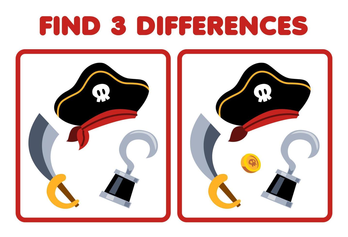 Bildung Spiel zum Kinder finden drei Unterschiede zwischen zwei süß Karikatur Hut Schwert und Haken druckbar Pirat Arbeitsblatt vektor