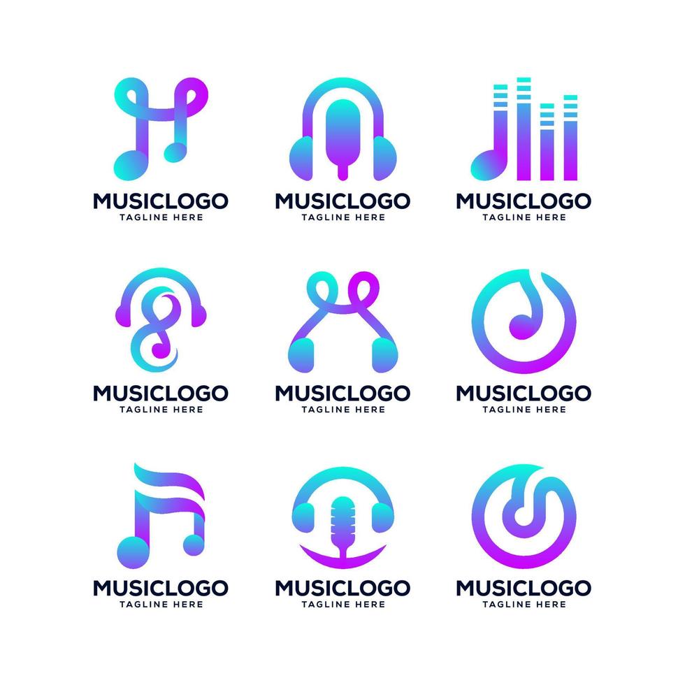 uppsättning av samling musik logotyp. modern begrepp, modern, lutning, musik, ljud inspelning studio design vektor