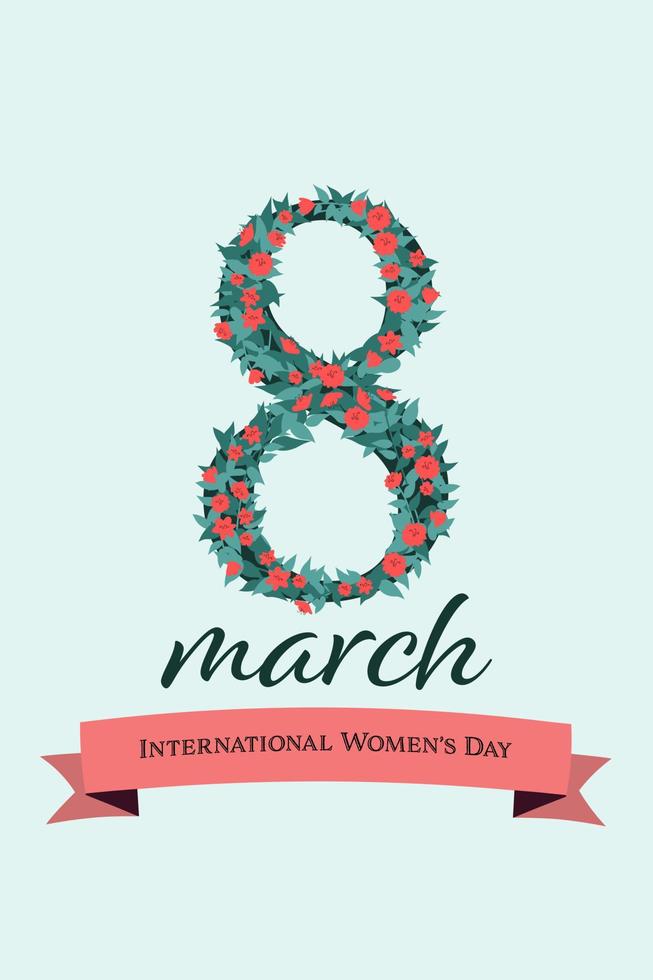 internationell kvinnors dag Mars 8 vykort. siffra åtta tillverkad av enkel hand dragen blommor med hälsningar text. vektor