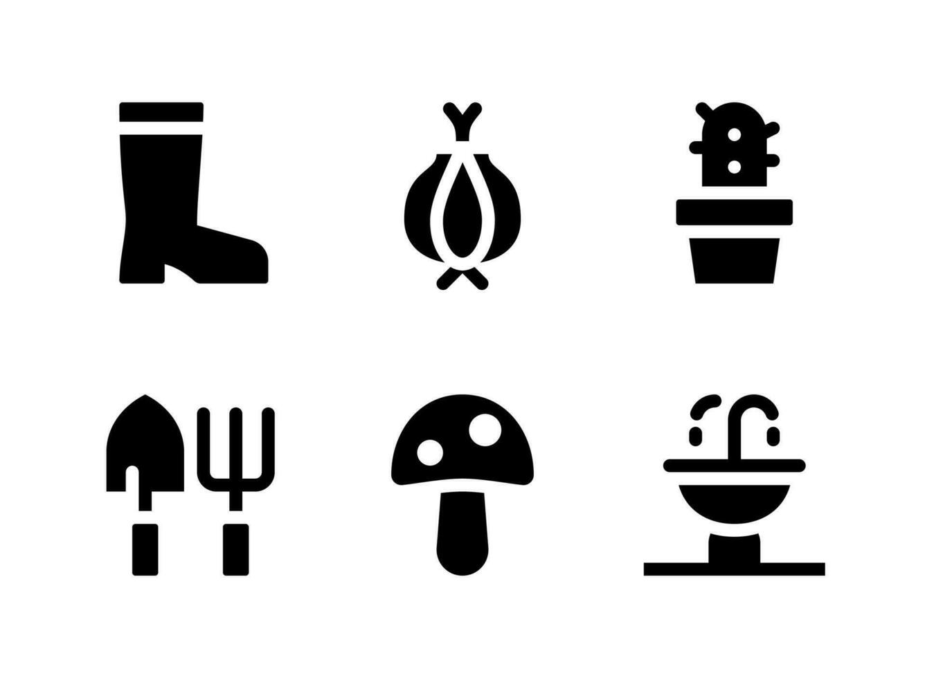 enkel uppsättning fjäderrelaterade fasta ikoner. innehåller ikoner som lök, kaktus, spade, svamp och mer. vektor