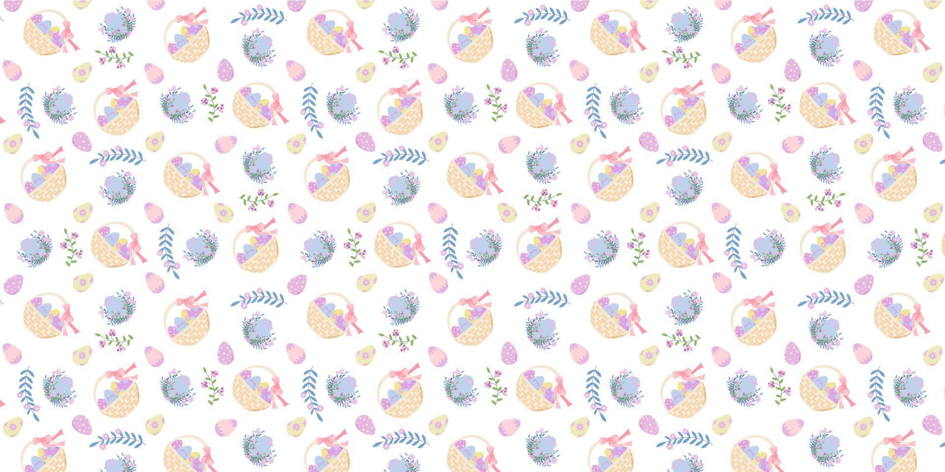 nahtlos Ostern Muster mit Eier und ein Korb im Pastell- Farben. Muster von Eier und Zweige von Pflanzen und Körbe mit Eier. Vektor Illustration zum Stoff, Hintergrund, Verpackung