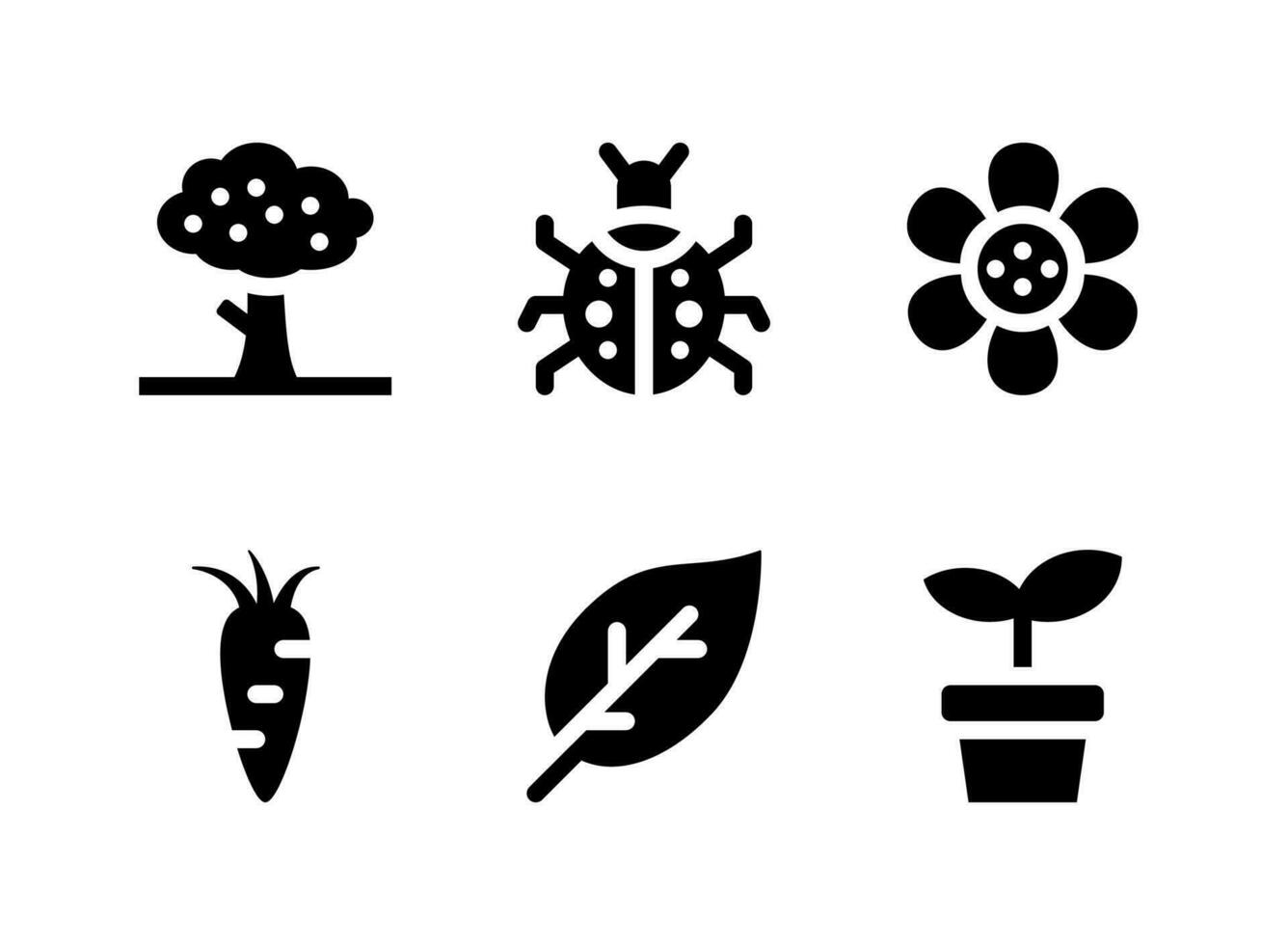 enkel uppsättning vårrelaterade fasta ikoner. innehåller ikoner som träd, nyckelpiga, blomma, morot och mer. vektor