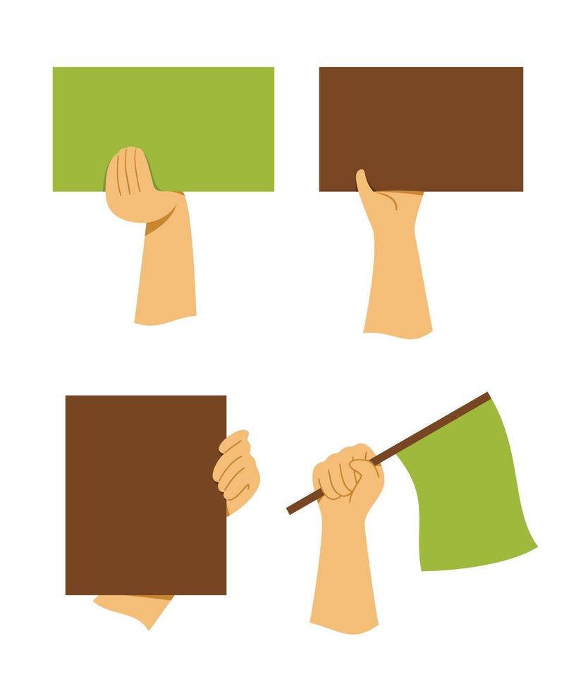 fyra stil av händer som håller ett bräde och en flagguppsättning vektor