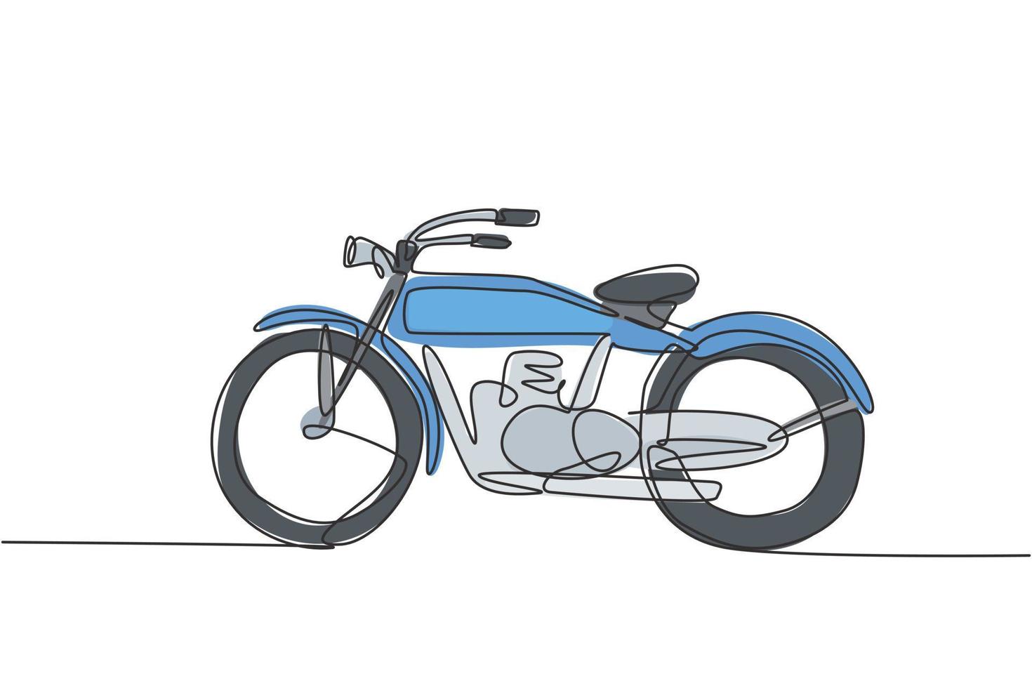 en enda radritning av gammal retro vintage motorcykel. vintage motorcykel transport koncept kontinuerlig linje rita design vektor grafisk illustration