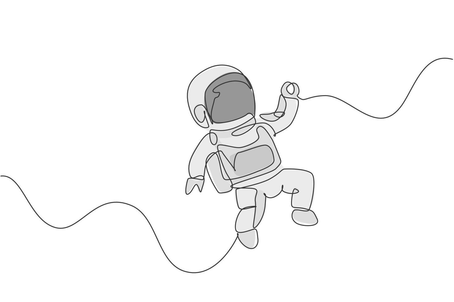 Eine einzige Strichzeichnung eines jungen Astronauten im Raumanzug, der im Weltraum fliegt, Vektorgrafik-Grafik. Spaceman Abenteuer galaktisches Weltraumkonzept. modernes Design mit durchgehender Linienführung vektor