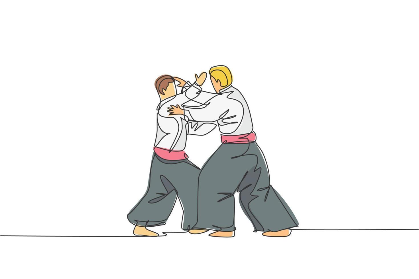 enda kontinuerlig linje ritning av två unga sportiga man bär kimono öva aikido teknik woth sparring fight. japansk kampsport koncept. trendig en linje rita design vektor illustration