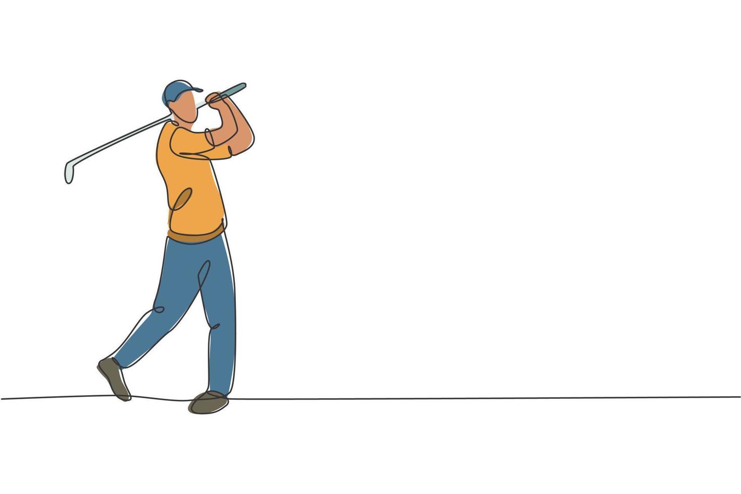 en kontinuerlig linjeteckning av ung golfspelare svingar golfklubban och slår bollen. fritid sport koncept. dynamisk en rad rita design grafisk vektorillustration för turneringsfrämjande media vektor