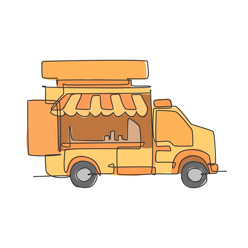 einzelne durchgehende Linienzeichnung des stilisierten Food-Truck-Parklogo-Etiketts. Konzept für mobile Fast-Food-Restaurants. moderne einzeilige Design-Vektorillustration für Cafés, Geschäfte oder Lebensmittellieferdienste vektor