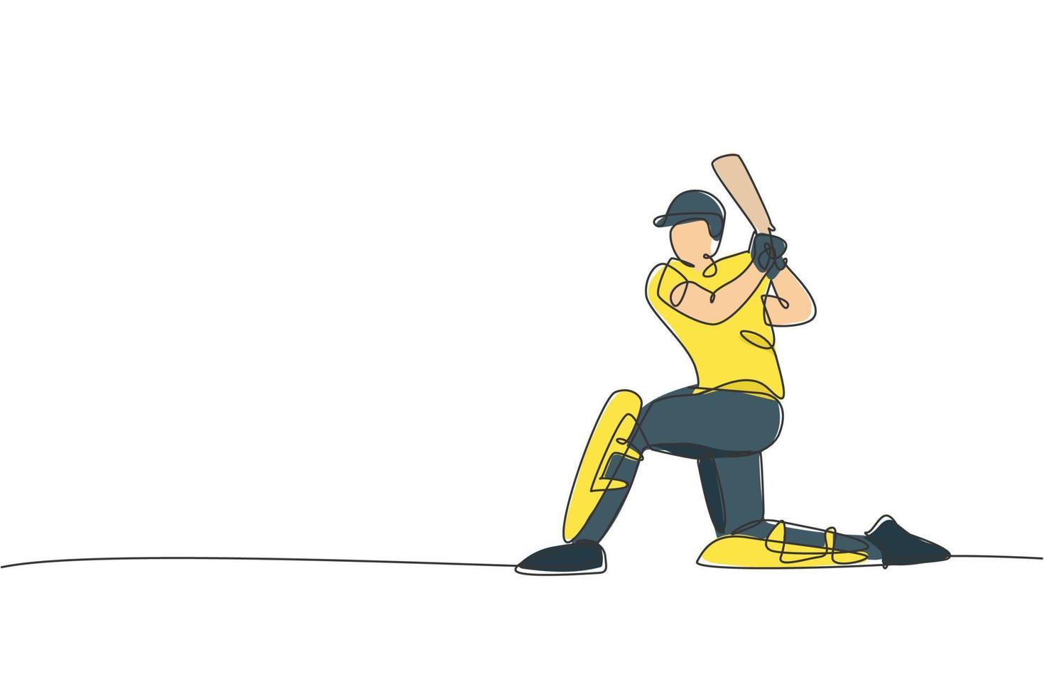 eine einzige Strichzeichnung eines jungen, energischen Cricketspielers, der mit dem Knie auf der Bodenvektorillustration steht. Konzept der Sportmesse. modernes Design mit durchgehender Linie für Cricket-Wettkampfbanner vektor