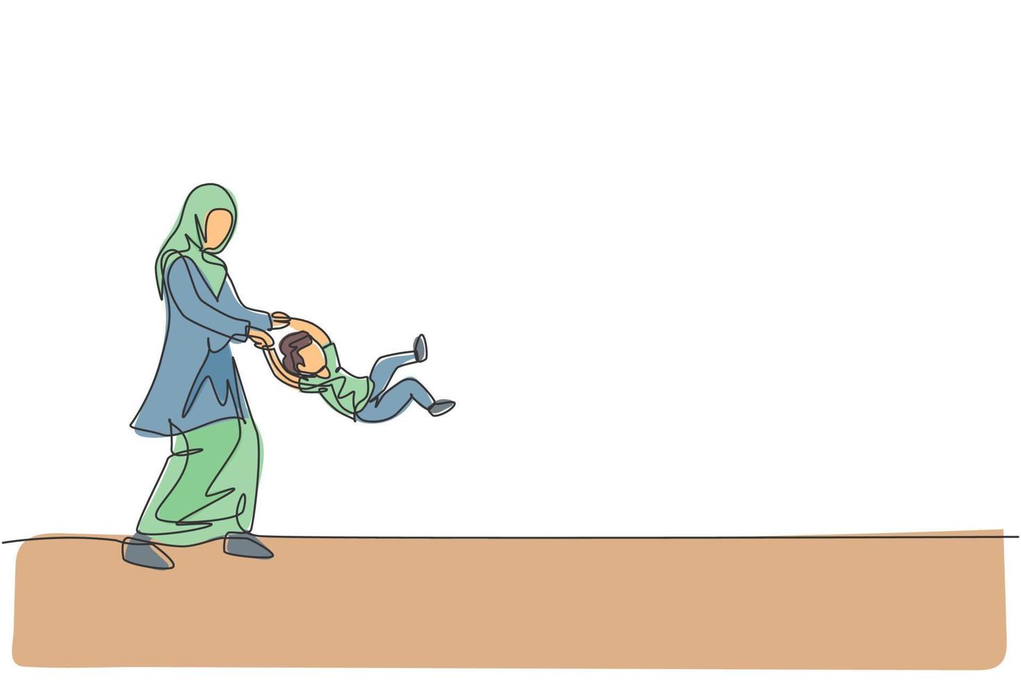 enda kontinuerlig linje ritning av ung islamisk mamma lek och sväng hennes son pojke upp i luften hemma, lyckligt föräldraskap. arabiska familjeomsorg koncept. trendig en linje rita design vektor illustration