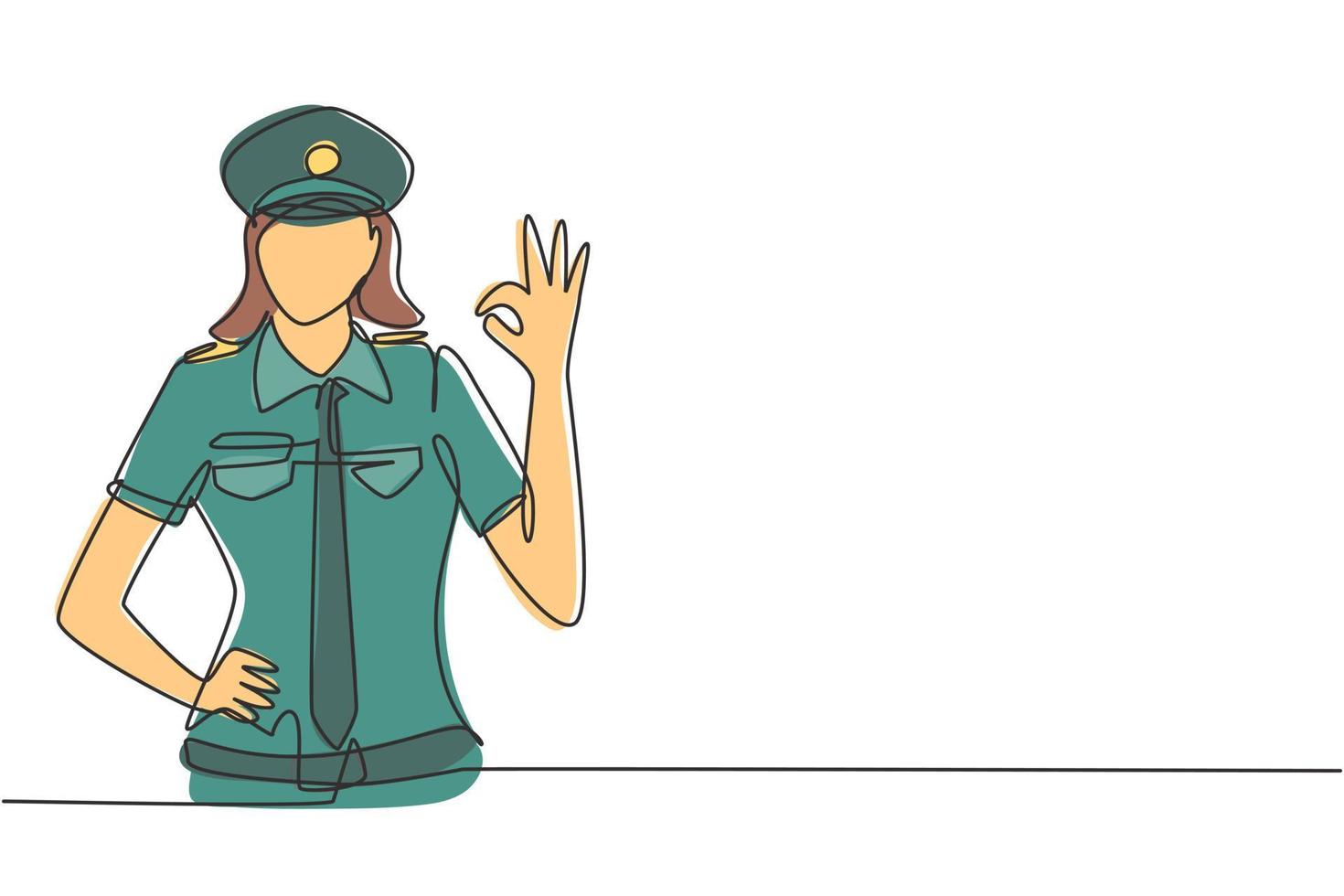 enda kontinuerlig linjeteckning kvinnlig pilot med gest okej och enhetlig redo att flyga med kabinpersonal i flygplan på internationella flygplats. dynamisk en linje rita grafisk design vektor illustration