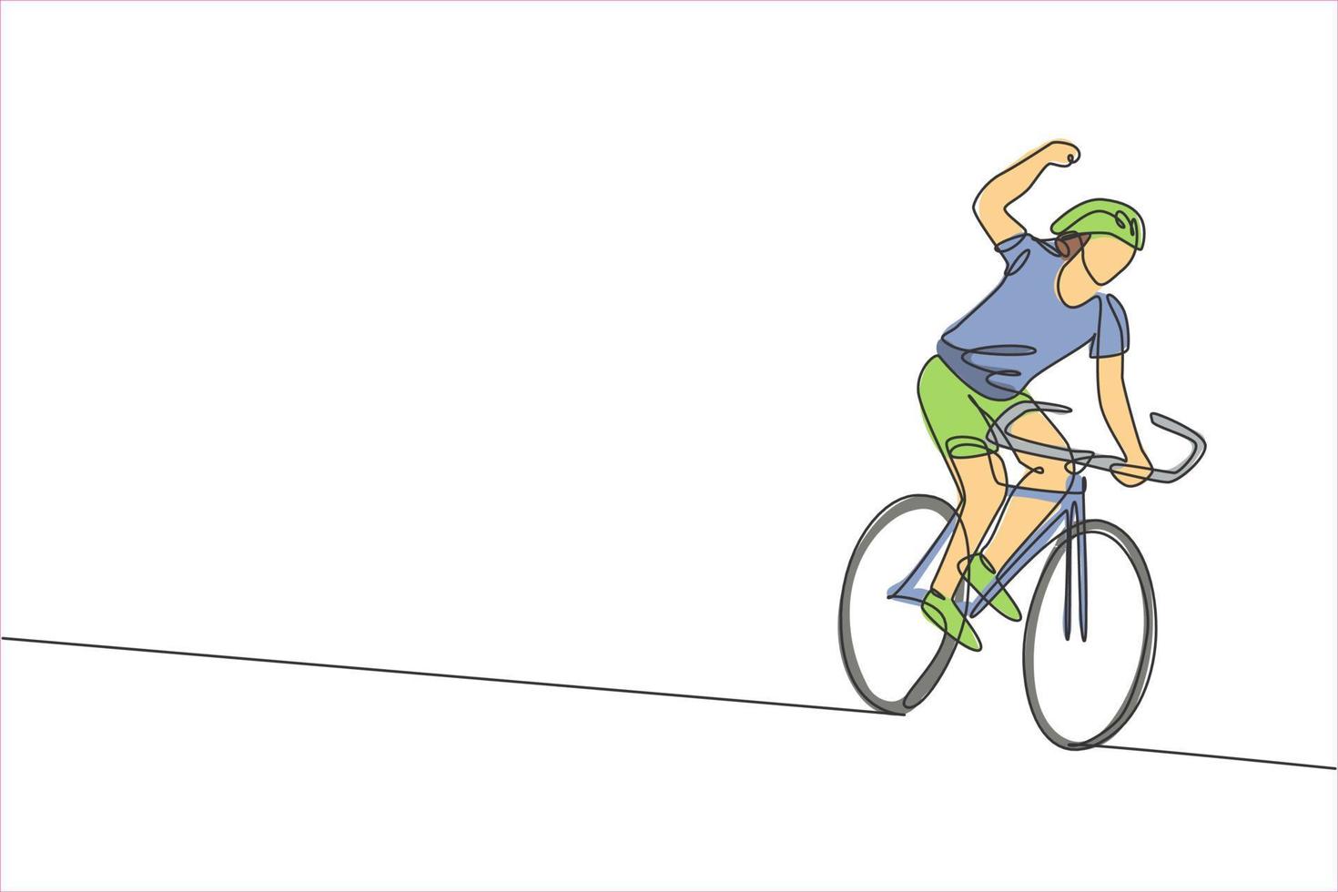 enda kontinuerlig linjeteckning av ung smidig man cyklist glad att nå mållinjen. sport livsstilskoncept. trendiga en rad rita design grafisk vektorillustration för cykling race marknadsföring media vektor