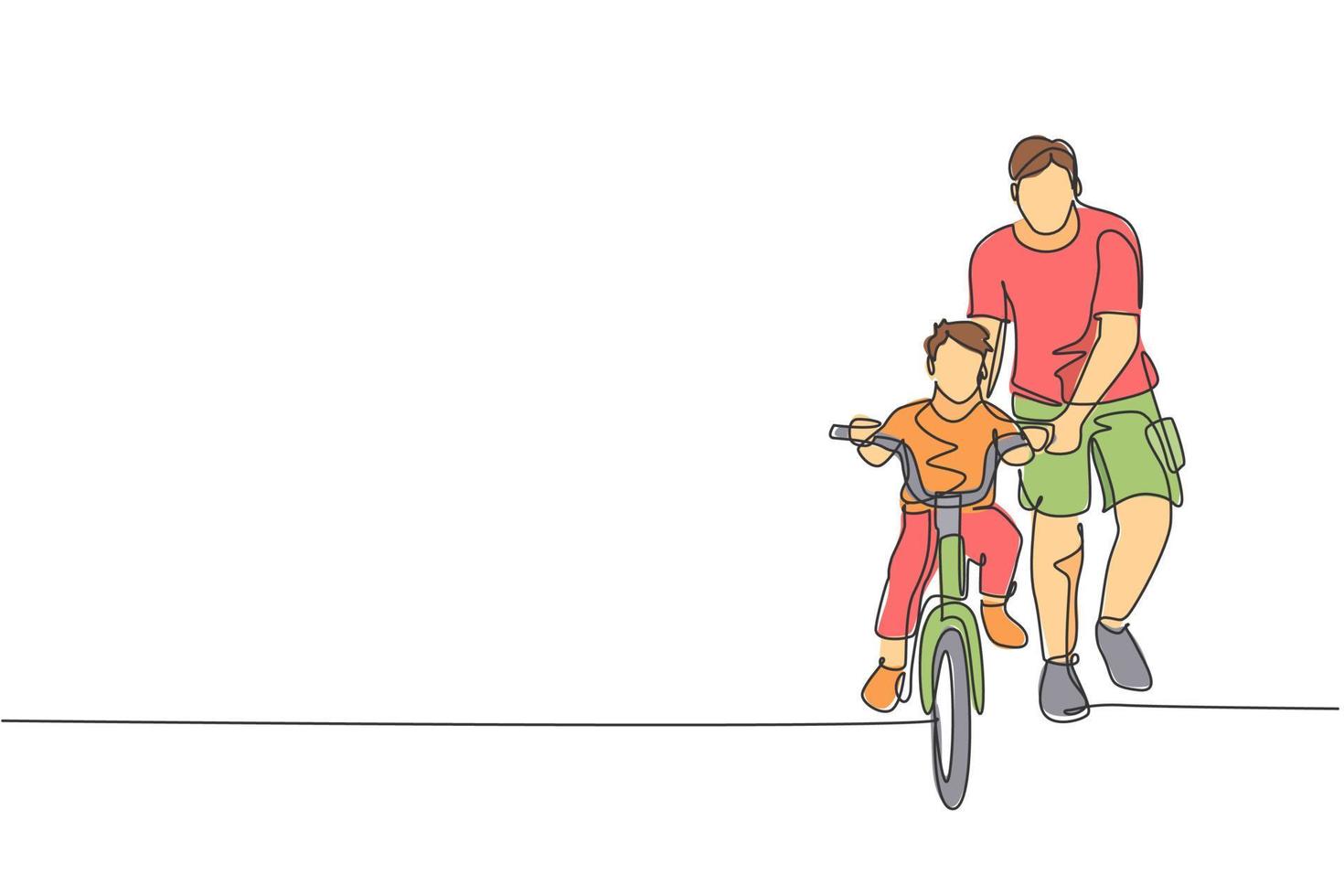 en kontinuerlig linjeteckning av ung far hjälper sitt pojkebarn att lära sig att cykla på landsbygden tillsammans. föräldraskap lektion koncept. dynamisk enkel linje rita design vektor illustration grafik