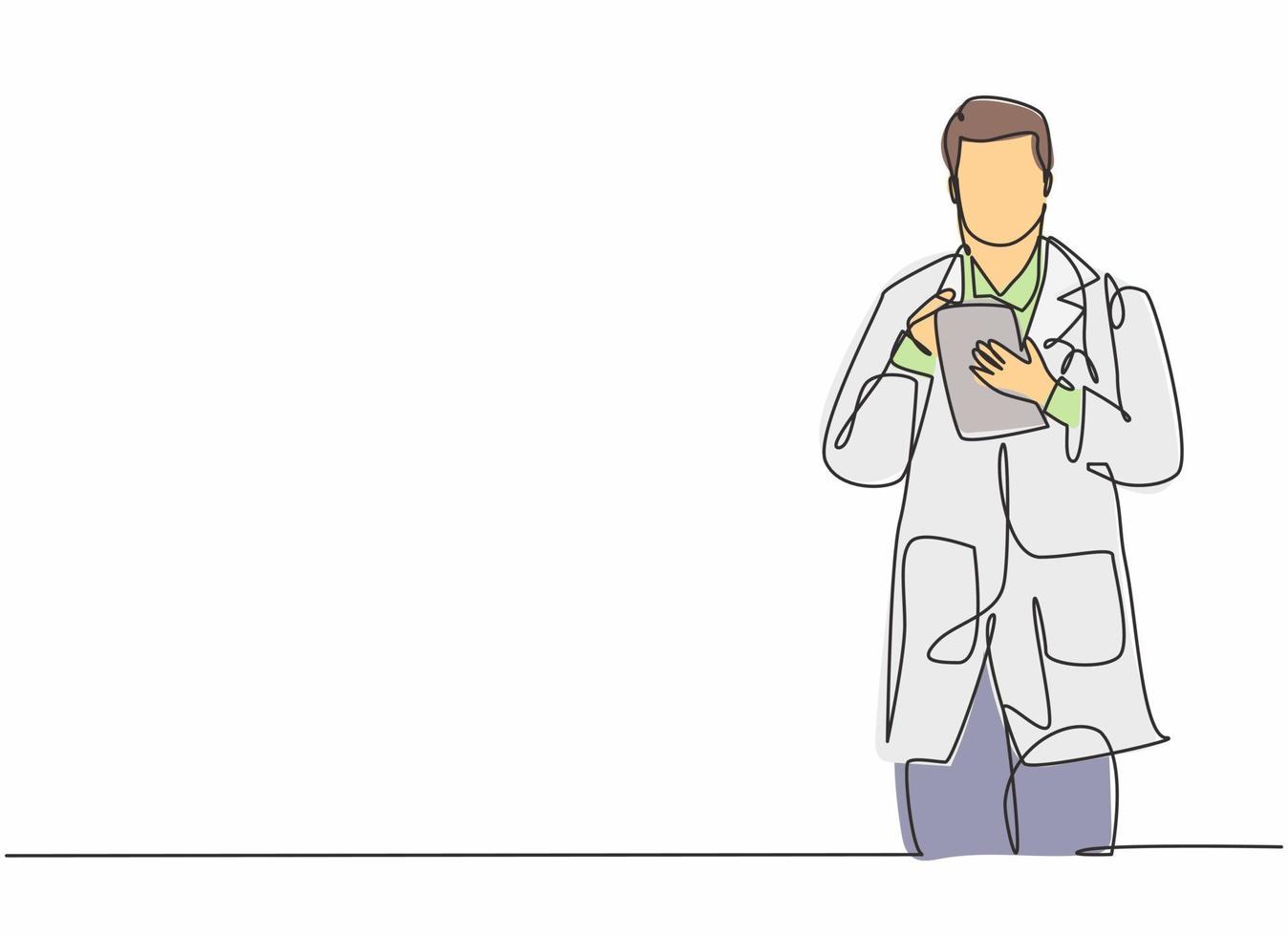 enda kontinuerlig linjeteckning av ung manlig läkare som tänker rätt medicin till patienten medan han håller tabletten. medicinsk hälso- och sjukvård arbetare koncept en linje rita design vektor illustration